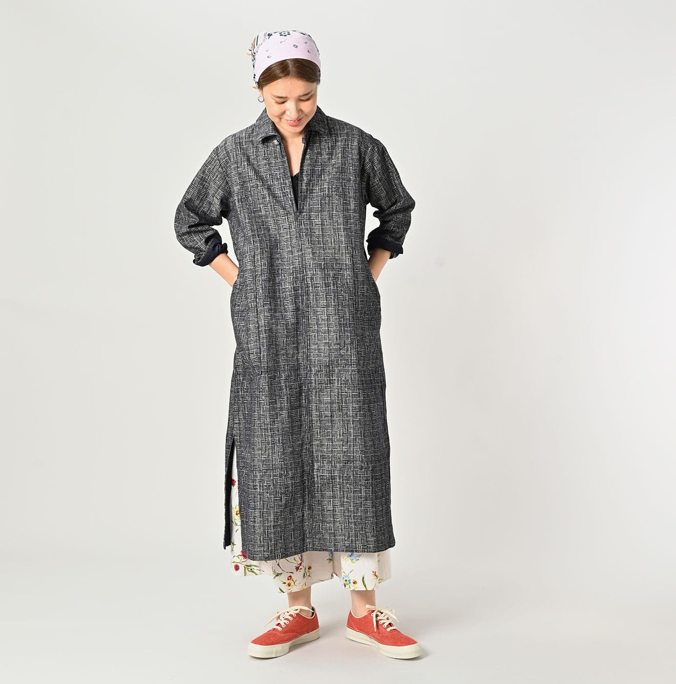 Indigo Basket Pattern Jacquard Dress Female Model
