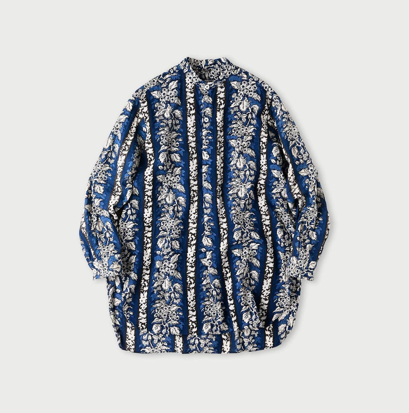 Indian Striped Flower Block Print 908 Stand Collar Grandpa Shirt Navy