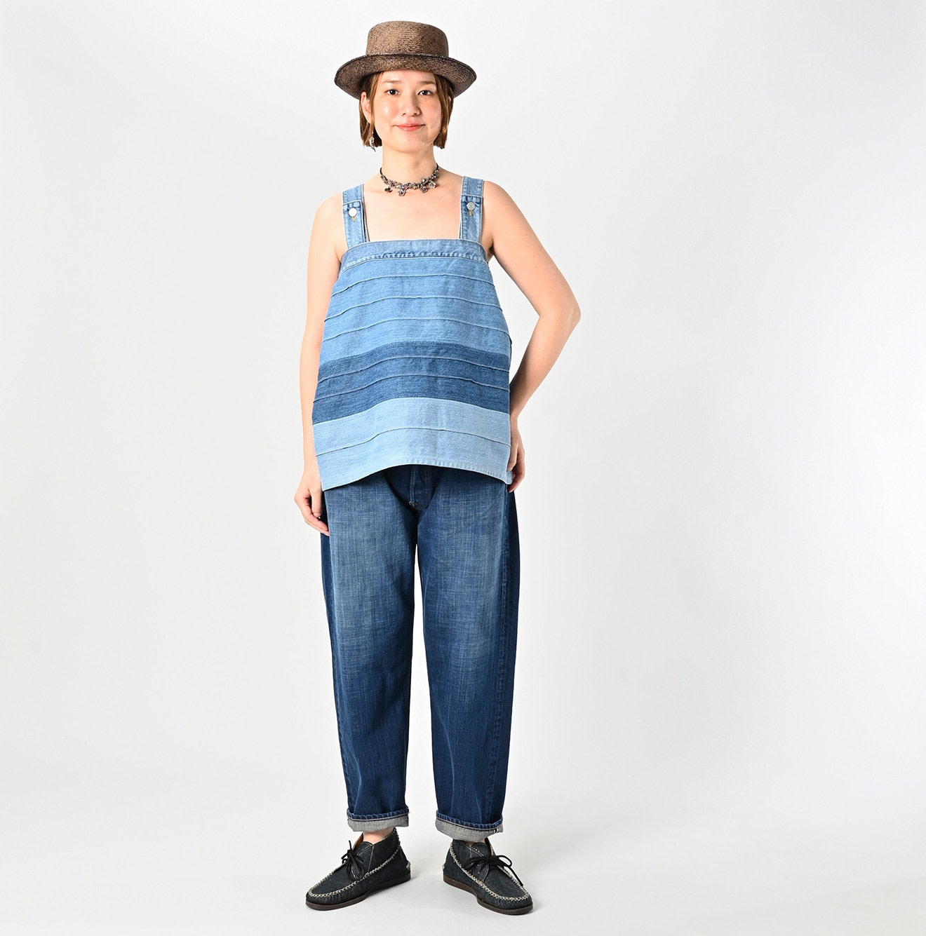 Rye Mugi Denim Yoke Pintuck Camisole Tan Female Model