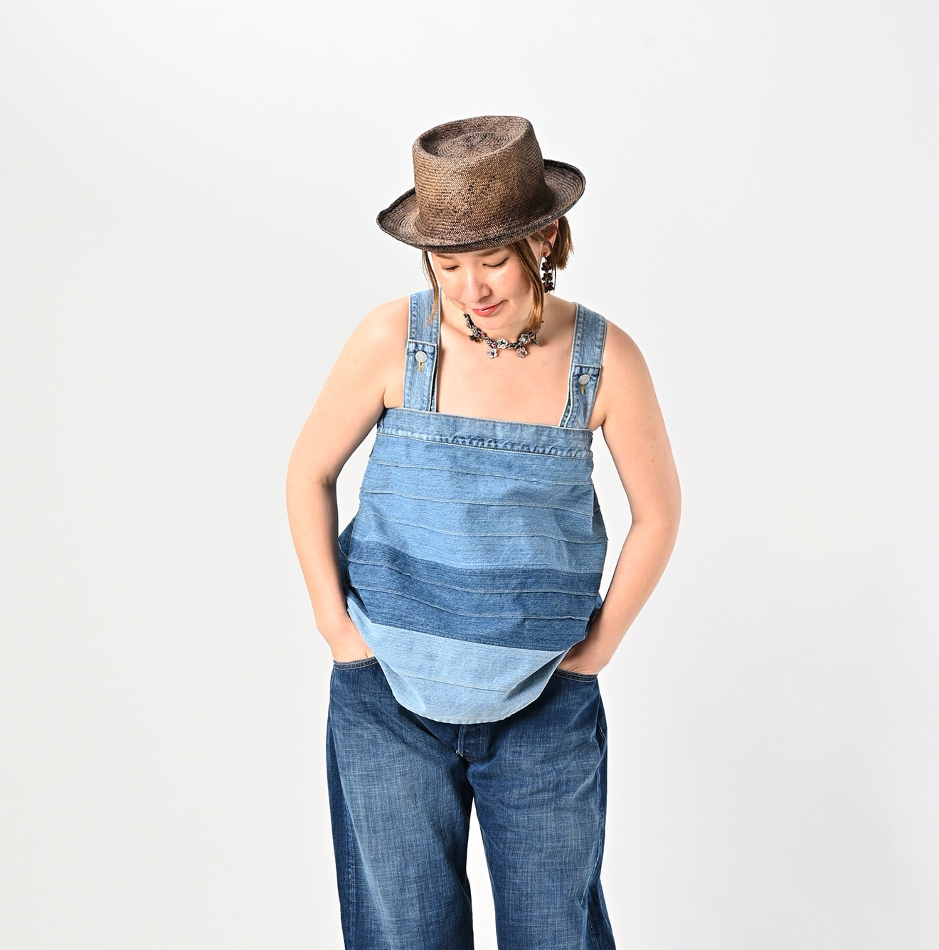 Rye Mugi Denim Yoke Pintuck Camisole Tan Female Model