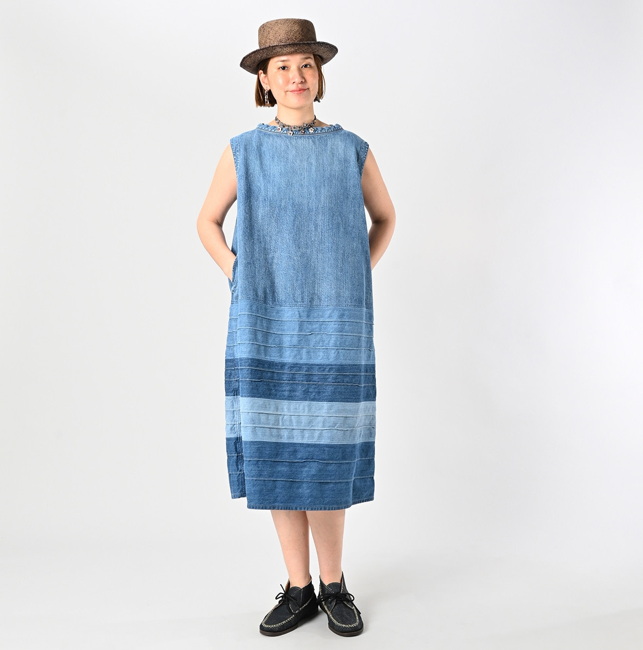 Rye Mugi Denim Yoke Pintuck Dress Tan Female Model
