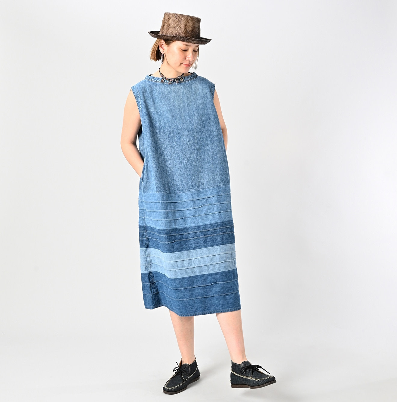 Rye Mugi Denim Yoke Pintuck Dress Tan Female Model