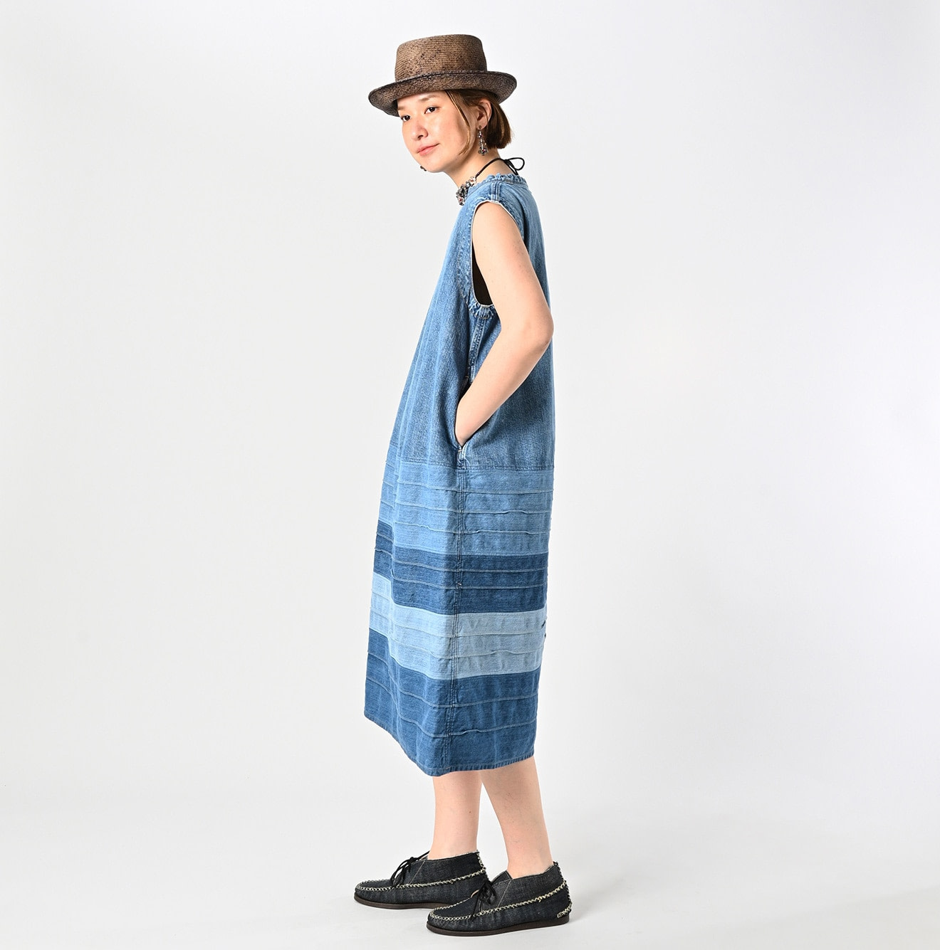 Rye Mugi Denim Yoke Pintuck Dress Tan Female Model