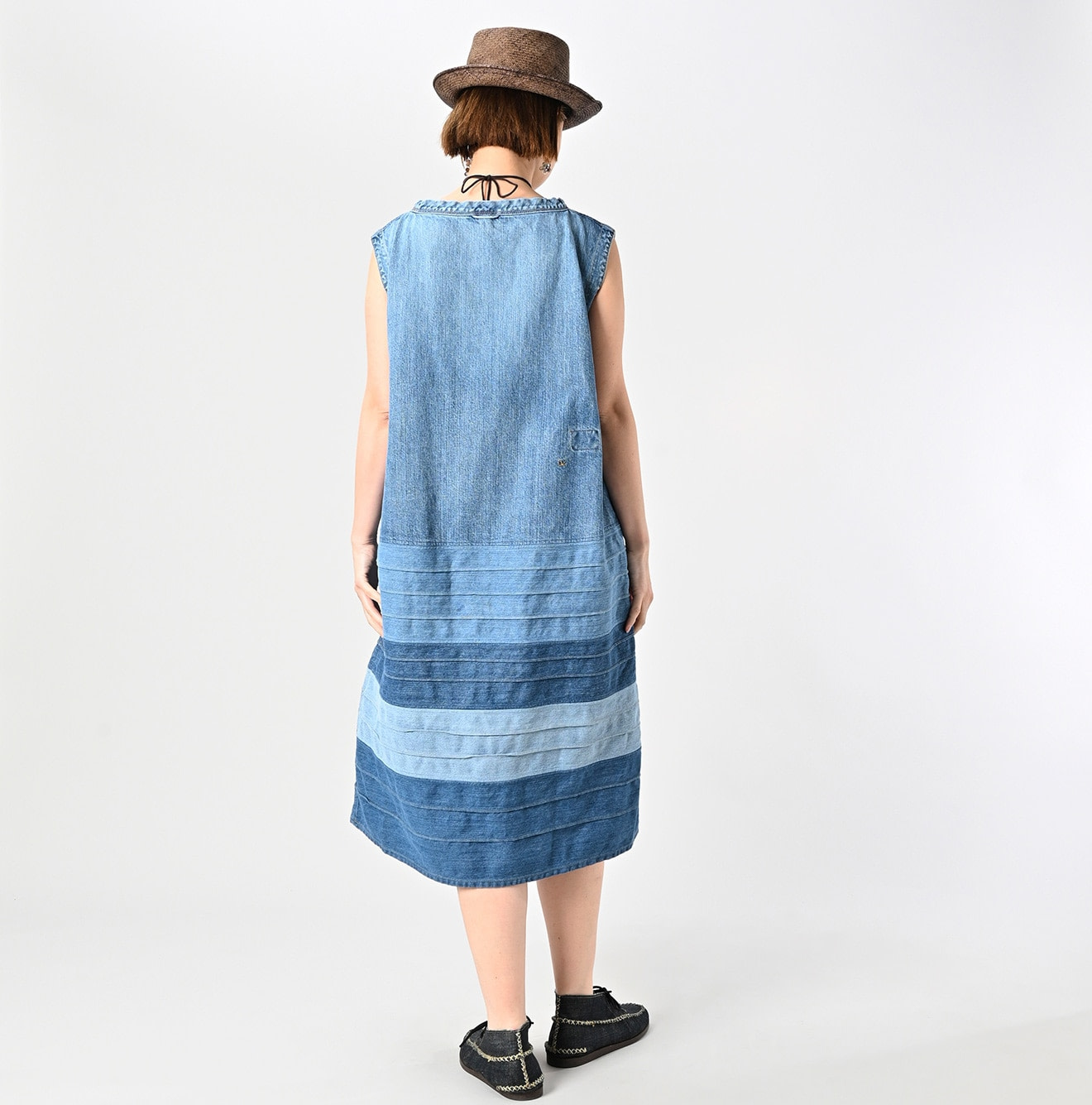 Rye Mugi Denim Yoke Pintuck Dress Tan Female Model