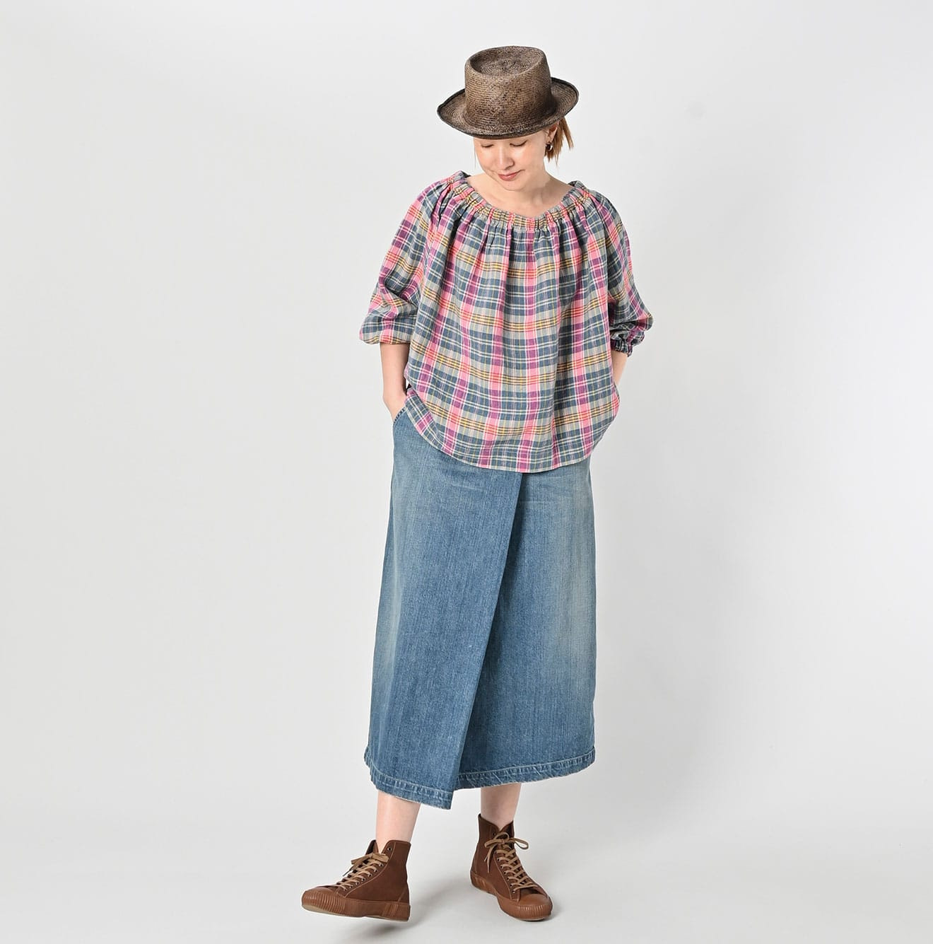 Rye Mugi Denim Wrapped Skirt Tan Female Model