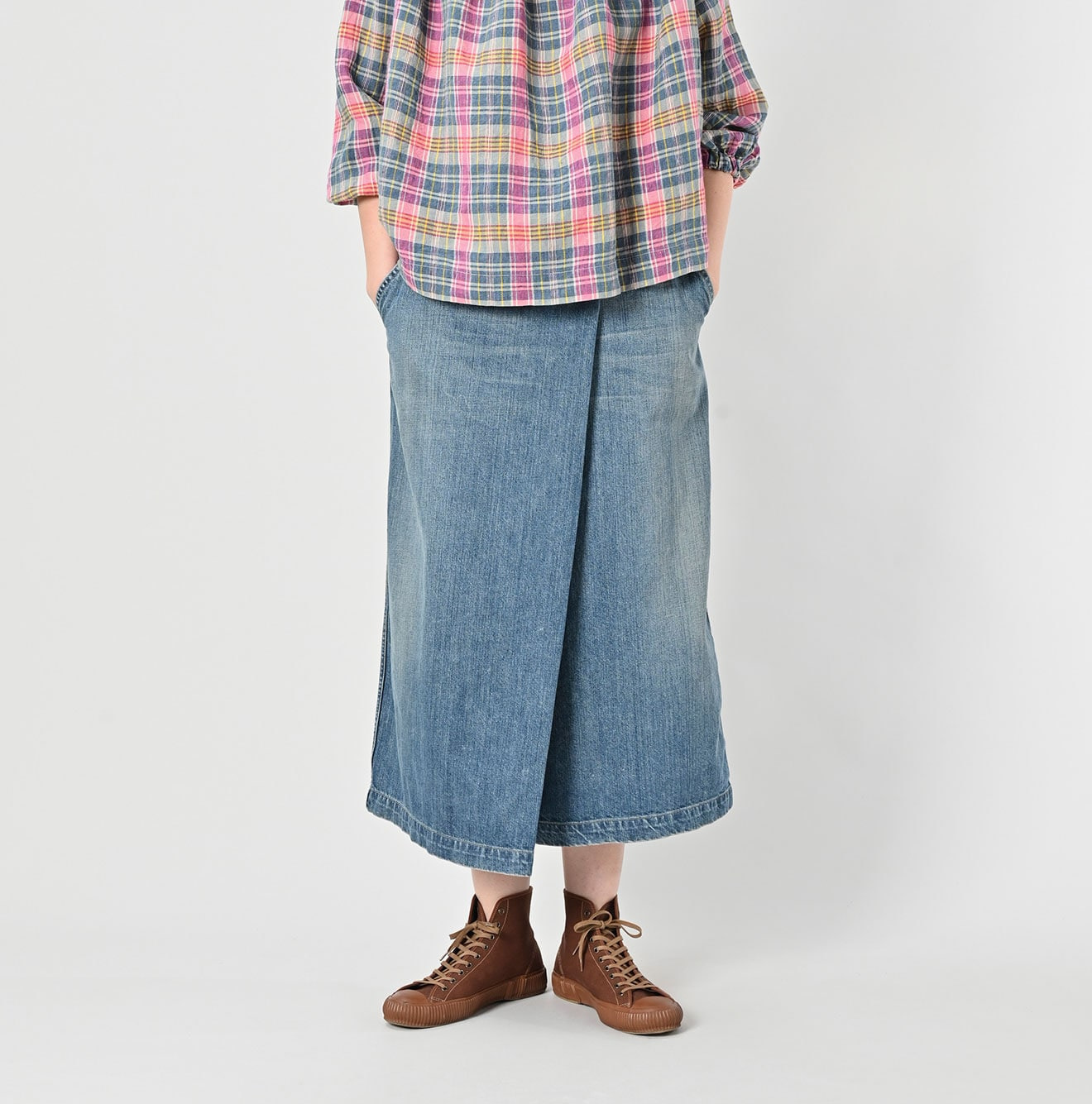 Rye Mugi Denim Wrapped Skirt Tan Female Model