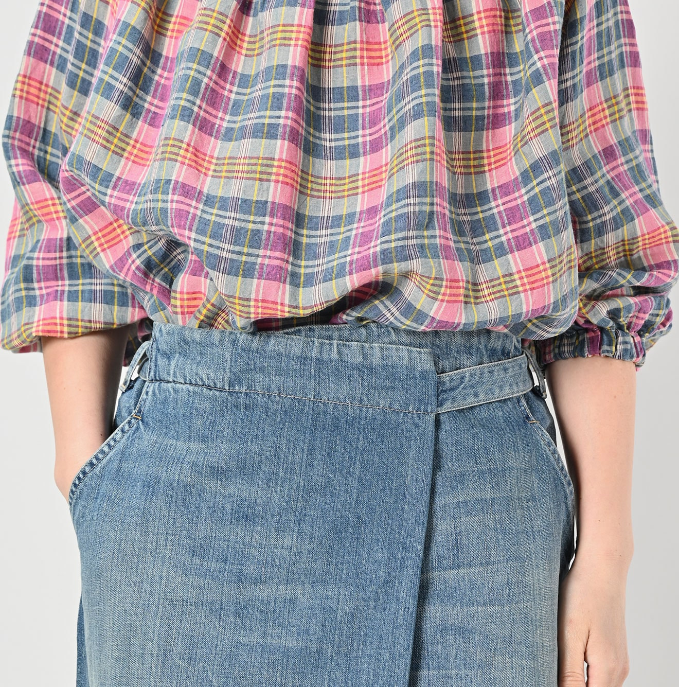 Rye Mugi Denim Wrapped Skirt Tan Detail