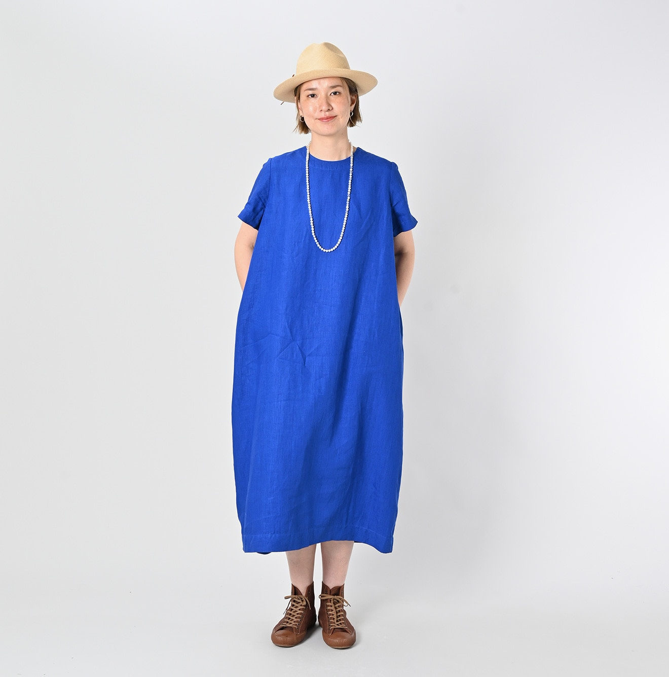 Linen Plant Dyed Half Sleeve Poyon Dress Female Model