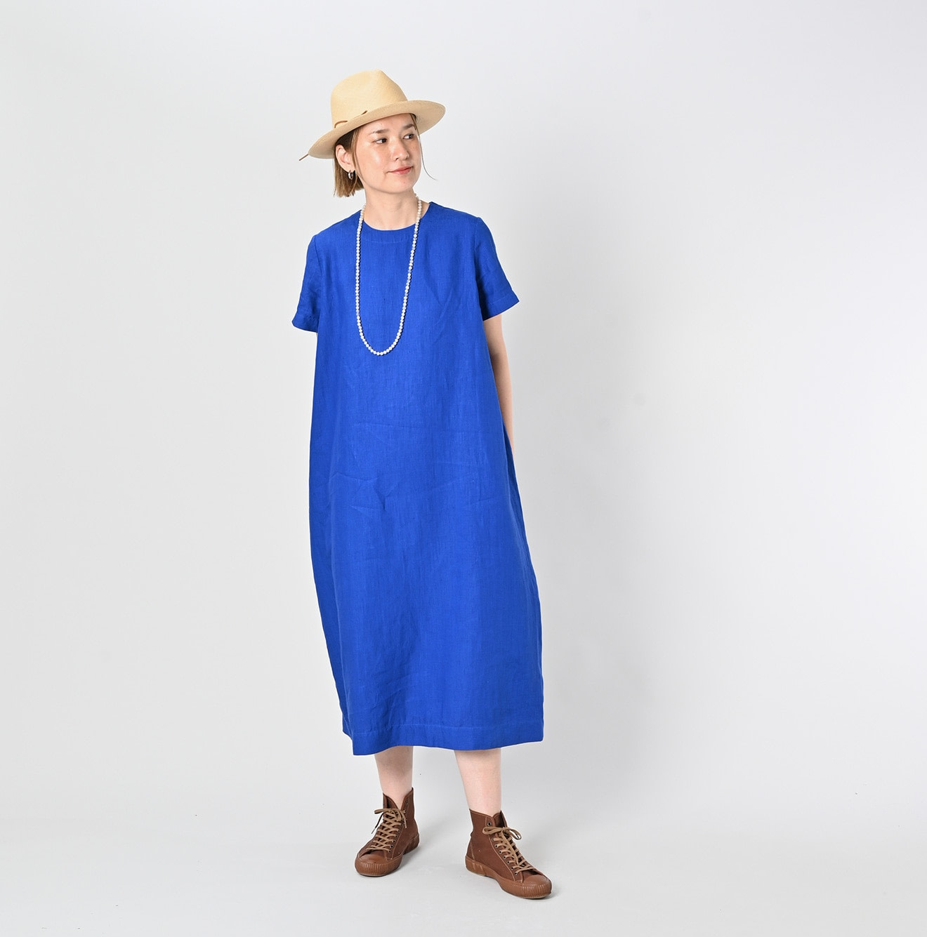 Linen Plant Dyed Half Sleeve Poyon Dress Female Model