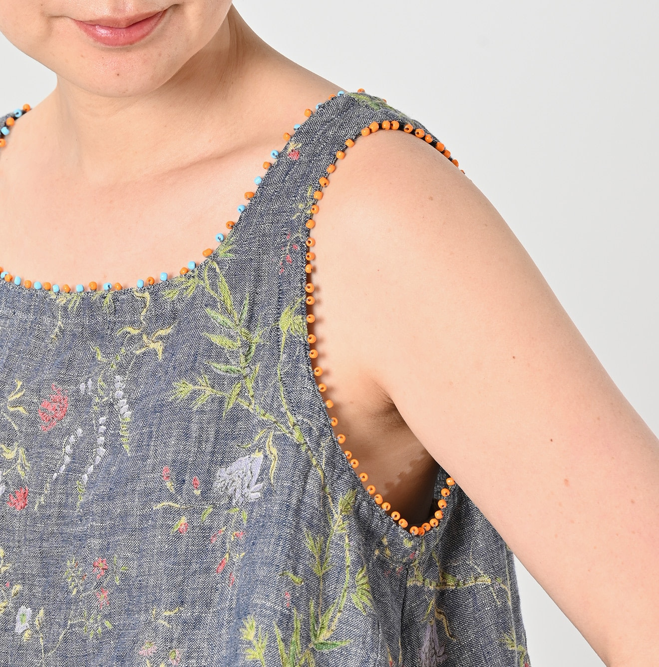 Dungaree Indian Cotton Linen Flower Print Poyon Camisole Blouse Detail