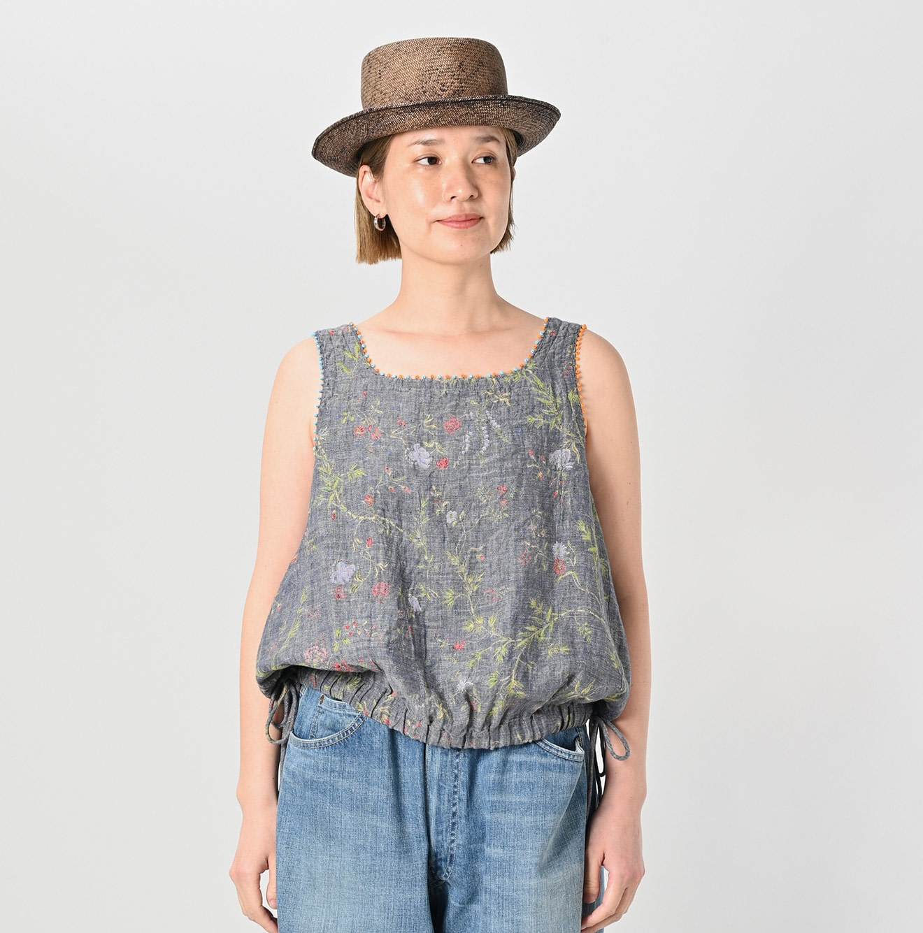 Dungaree Indian Cotton Linen Flower Print Poyon Camisole Blouse Female Model