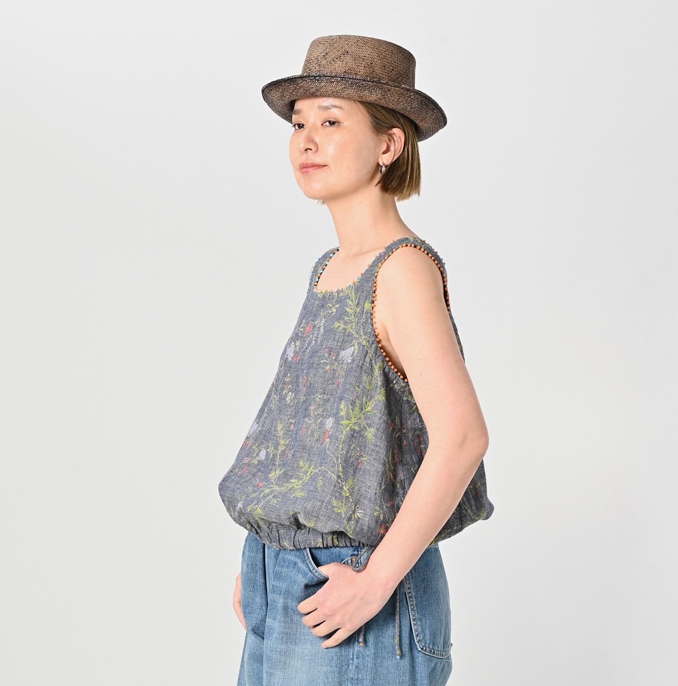 Dungaree Indian Cotton Linen Flower Print Poyon Camisole Blouse Female Model