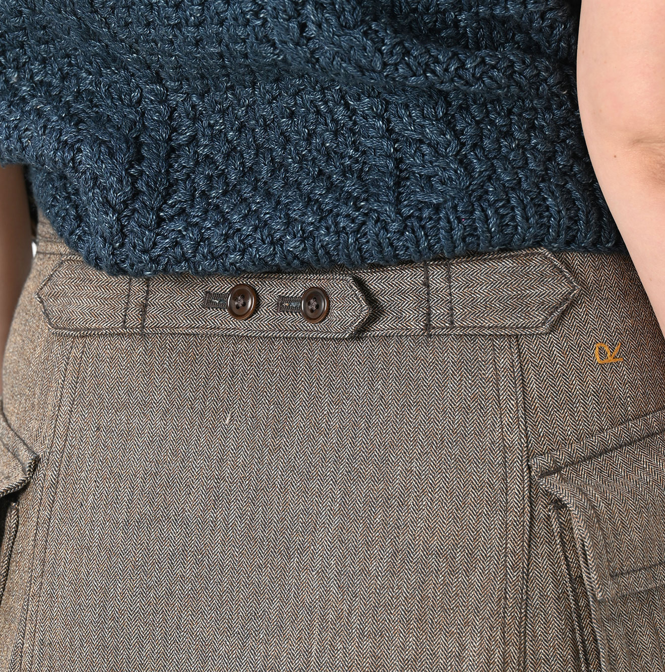 Indigo Mini Herringbone Cotton Tweed Work Flare Skirt Detail