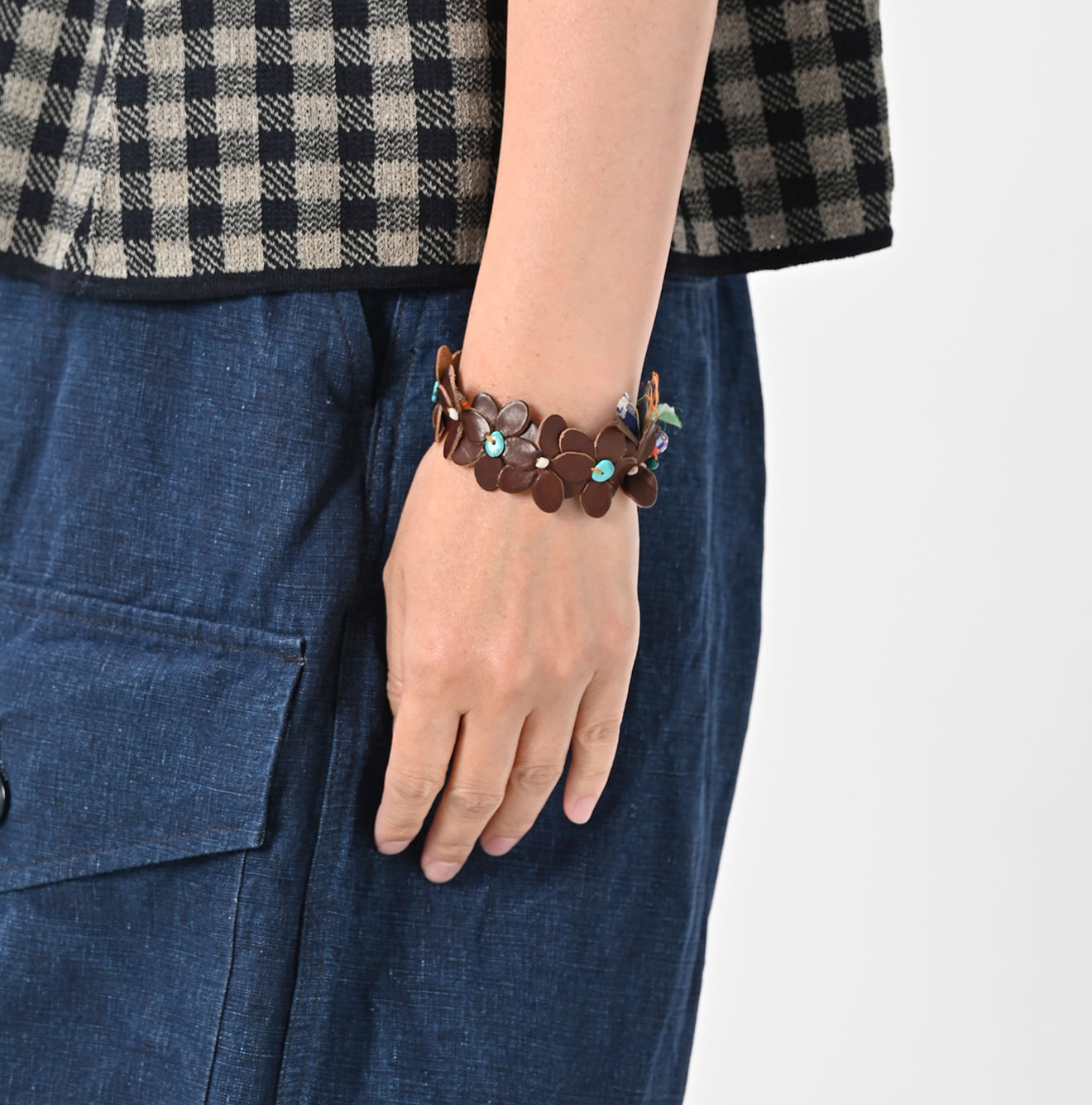 Layered Leather Flower Bracelet Dark Female Model