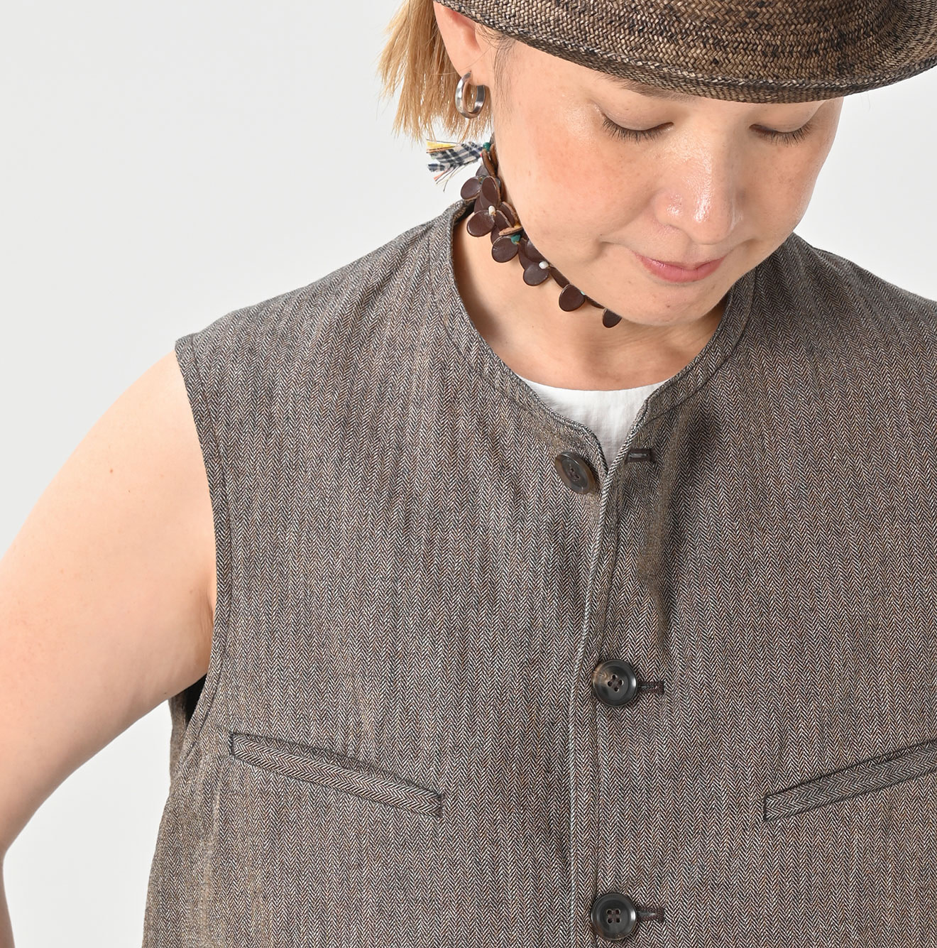 Indigo Mini Herringbone Cotton Tweed 908 Reversible Vest Detail