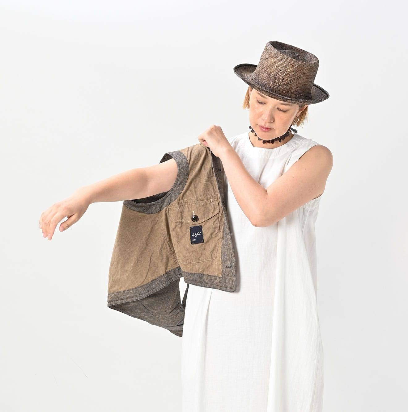 Indigo Mini Herringbone Cotton Tweed 908 Reversible Vest Detail