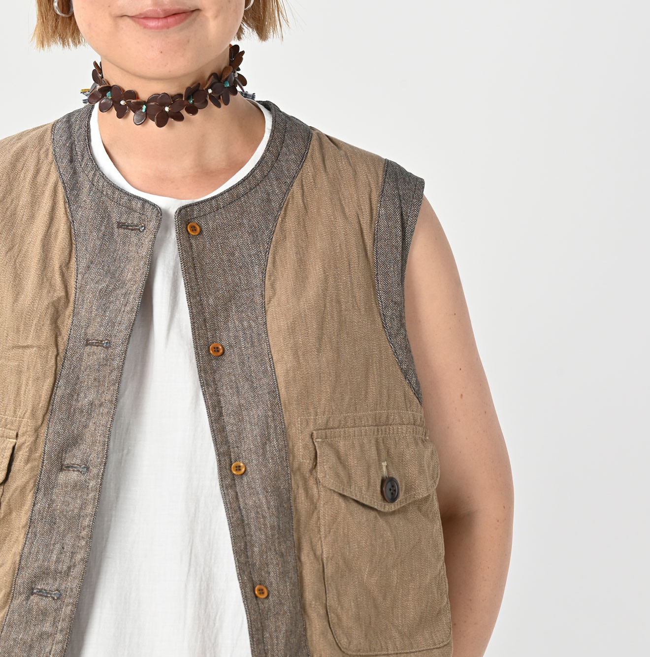 Indigo Mini Herringbone Cotton Tweed 908 Reversible Vest Detail