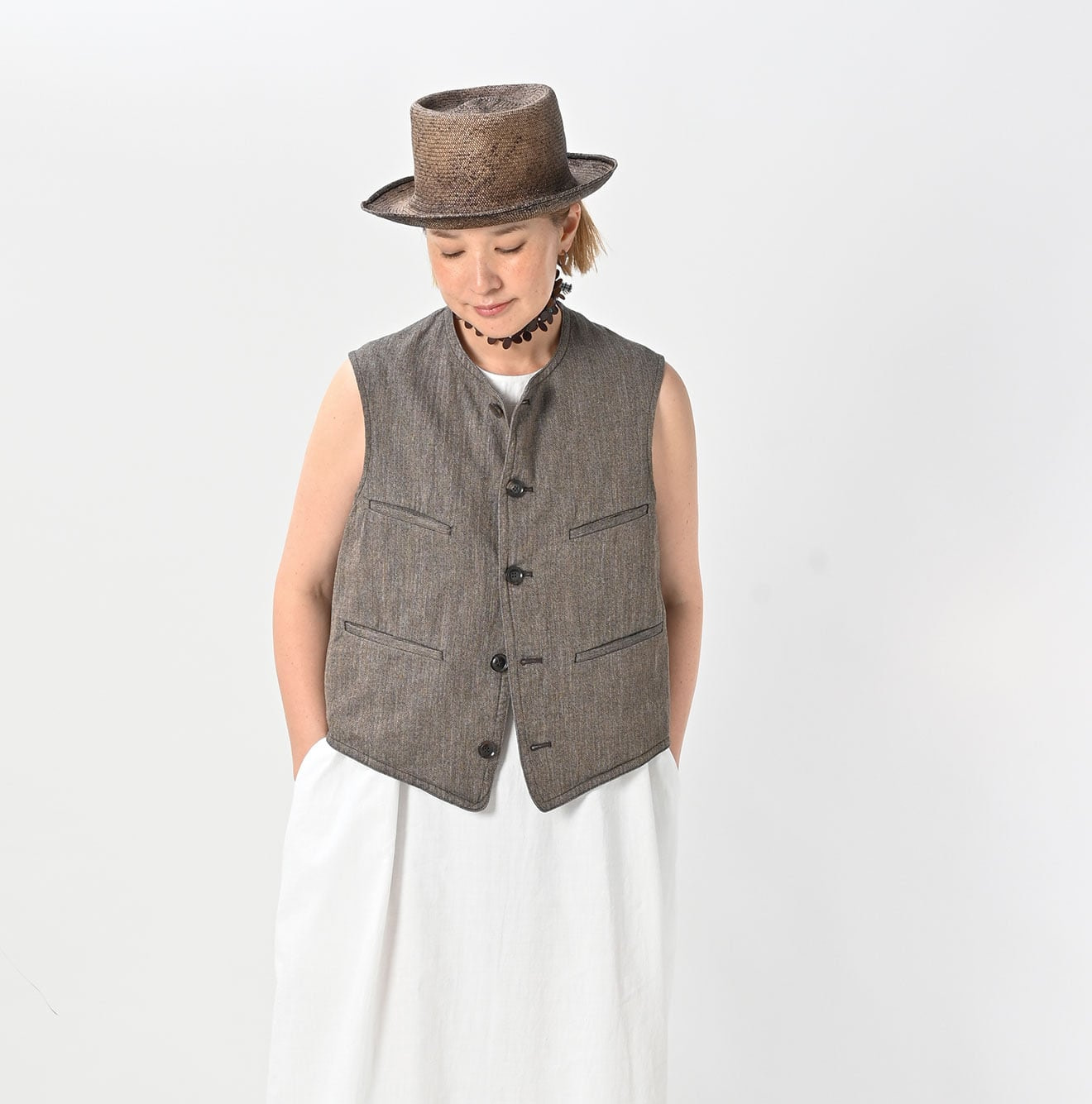 Indigo Mini Herringbone Cotton Tweed 908 Reversible Vest Female Model