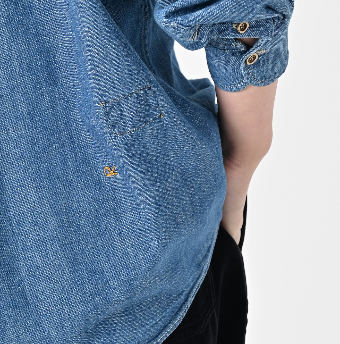 Ruri Dungaree Denim Bowtie Coupé Shirt Distressed Detail