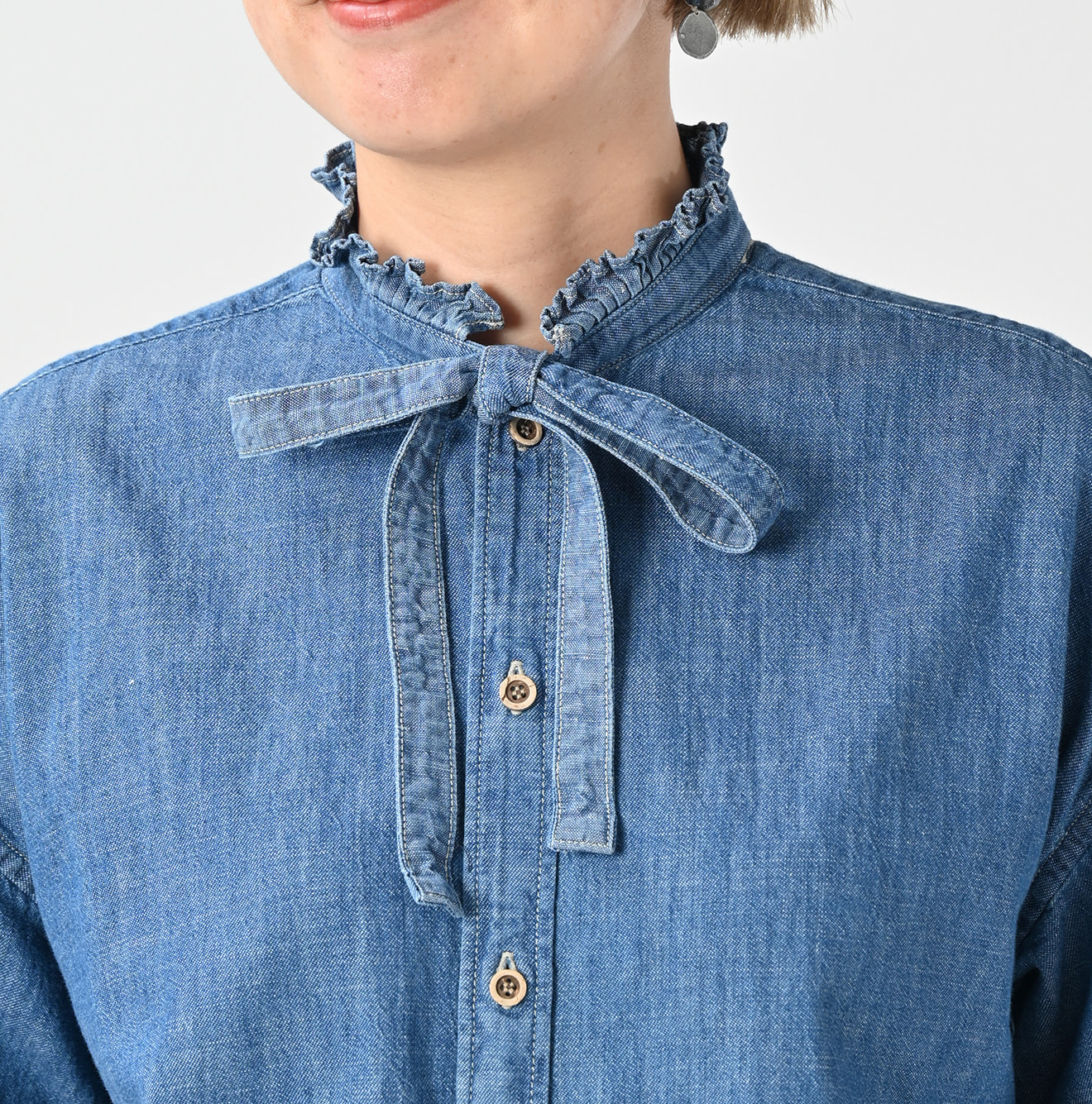 Ruri Dungaree Denim Bowtie Coupé Shirt Distressed Detail