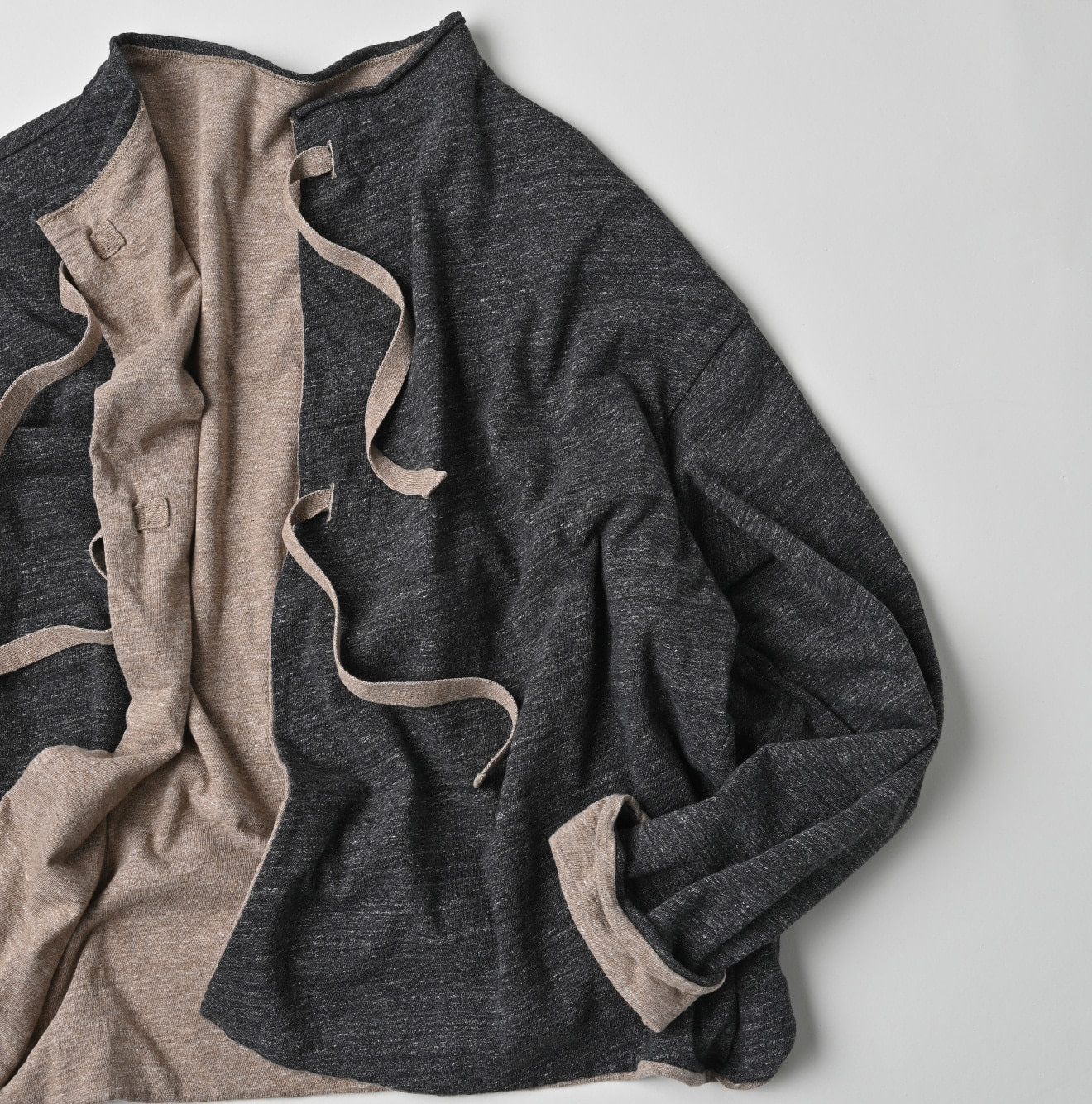 Zimbabwe Cotton Reversible Square Cardigan Gray Beige Top x Black Dungaree