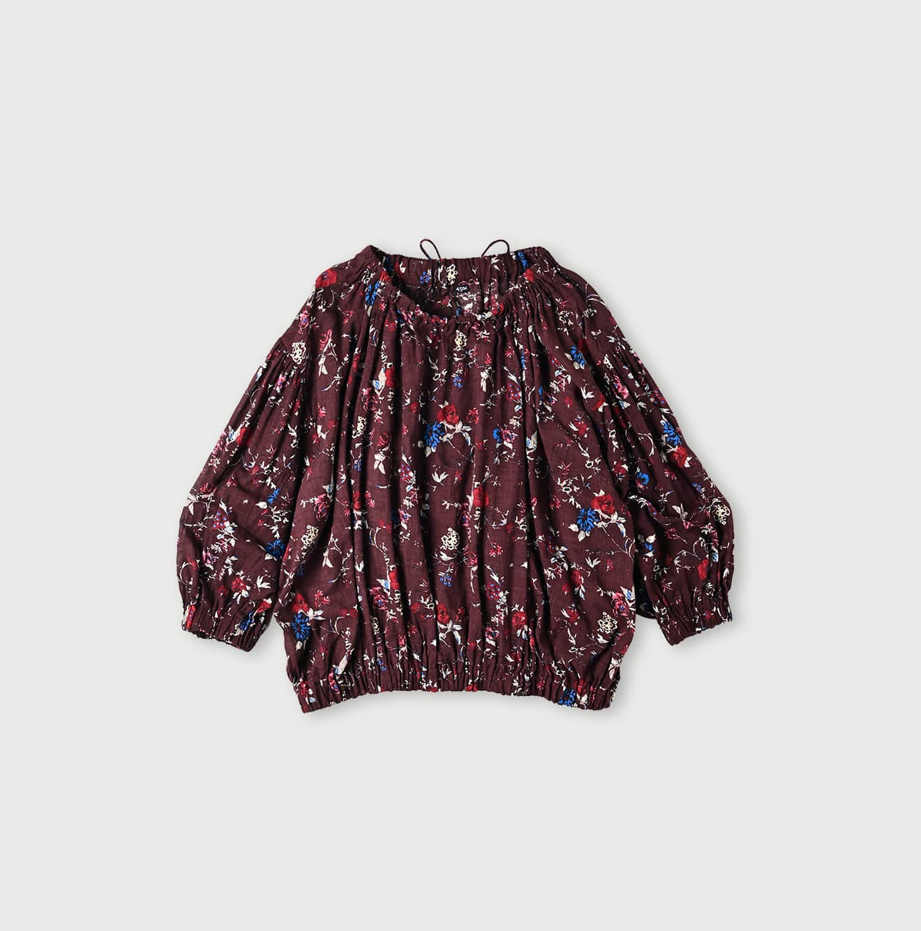 45 Gauze Antique Flower Print Shirring Blouse Enji