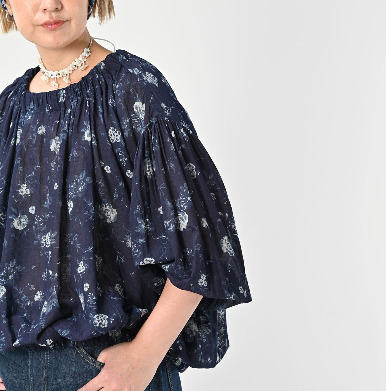 Indigo 45 Gauze Antique Flower Print Shirring Blouse Detail