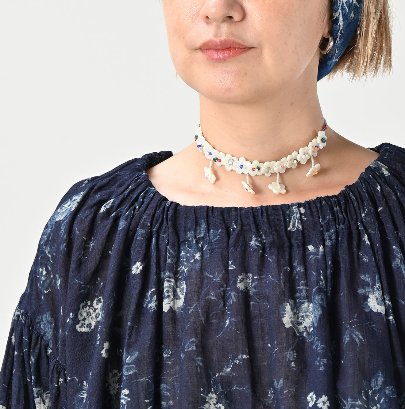 Indigo 45 Gauze Antique Flower Print Shirring Blouse Detail