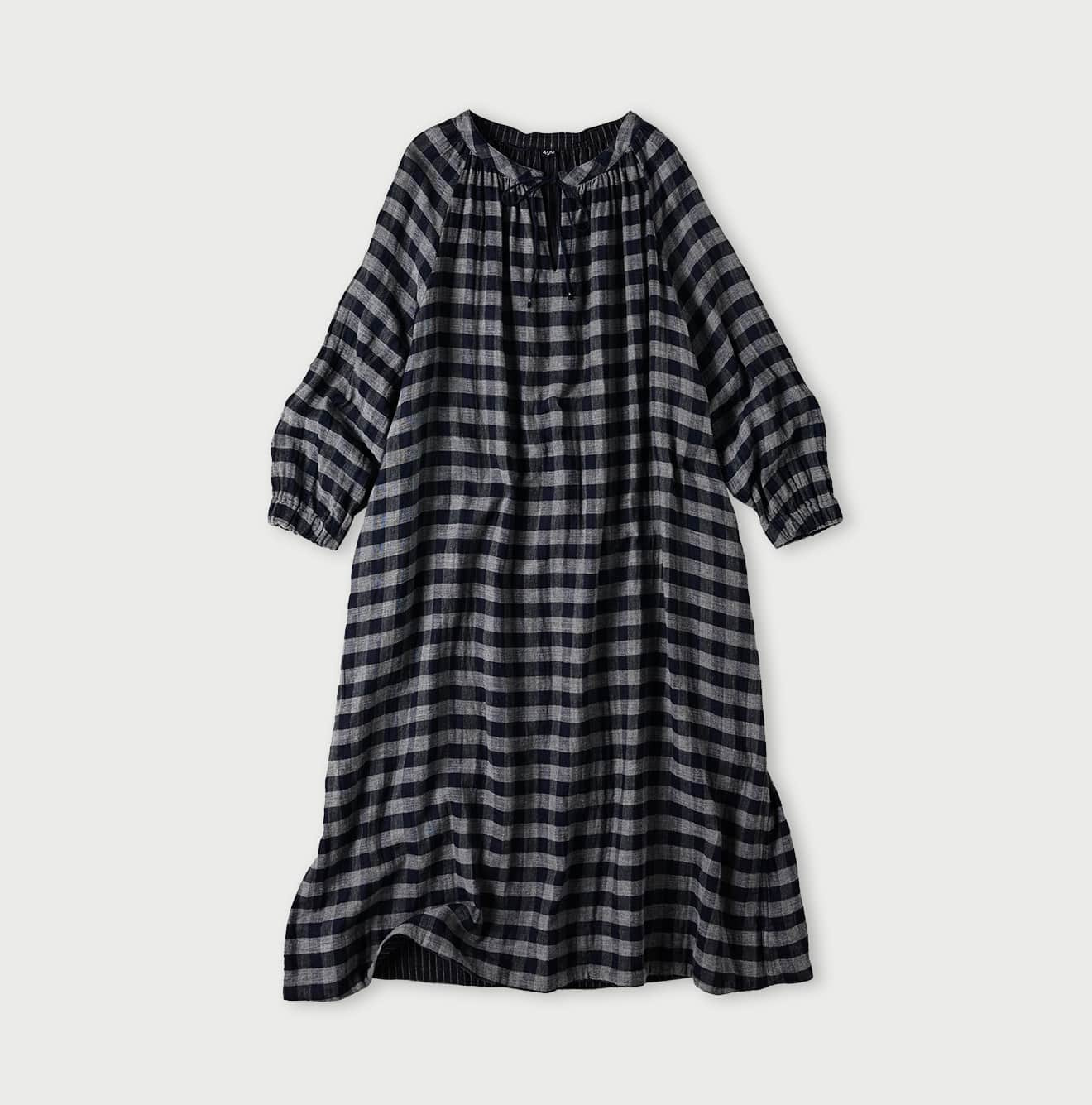 Indigo FuwaFuwa Double Woven Shirring Dress Gingham Check