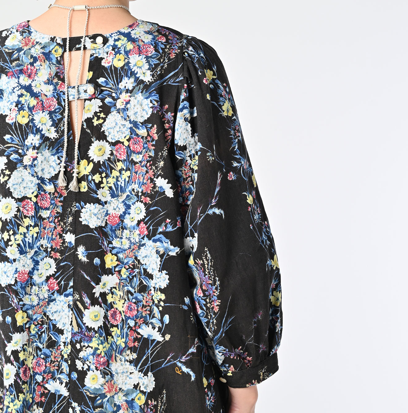 Indian Khadi Bouquet Stripe Print Puff Bridge Dress Detail