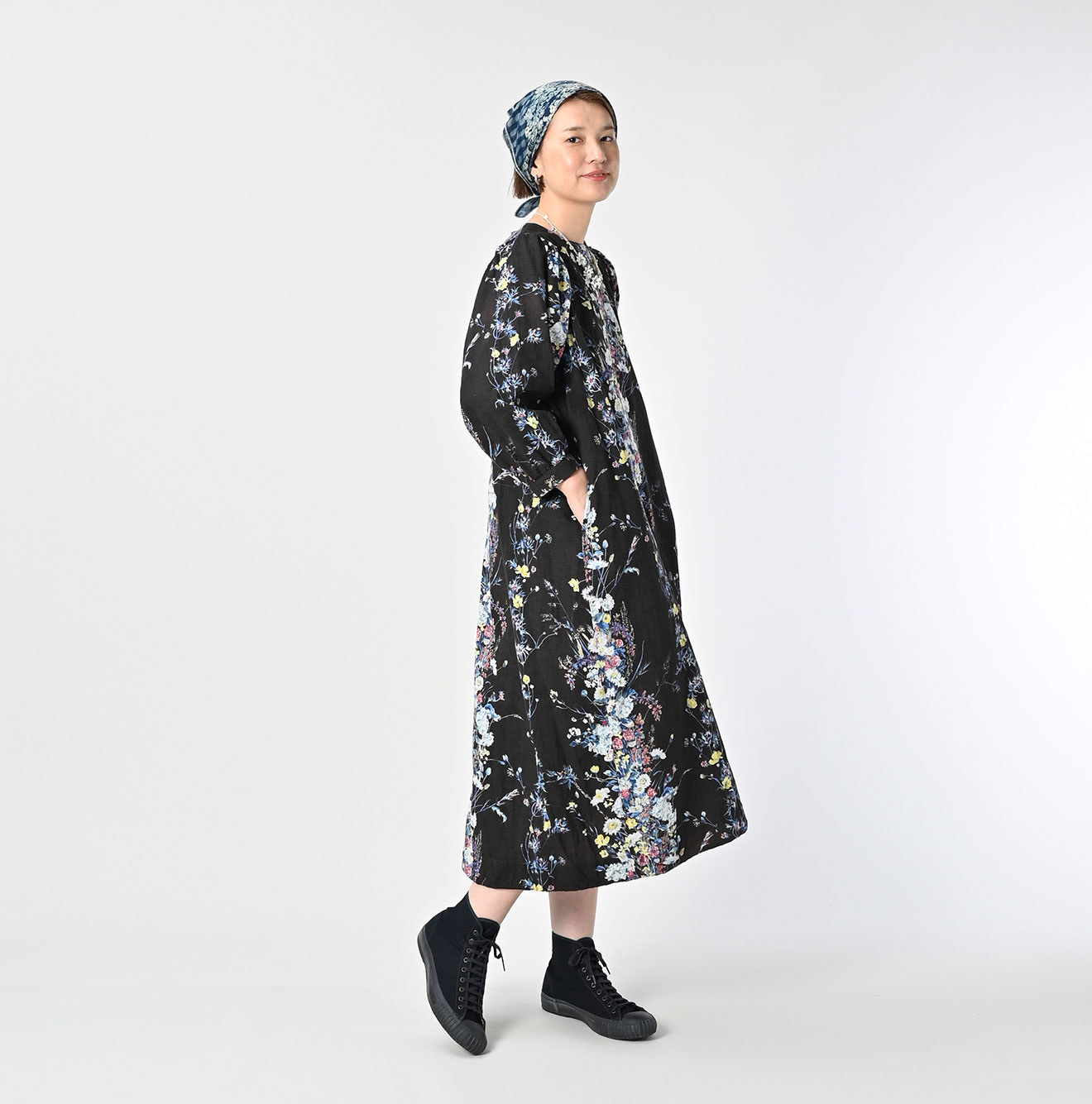 Indian Khadi Bouquet Stripe Print Puff Bridge Dress Female Model