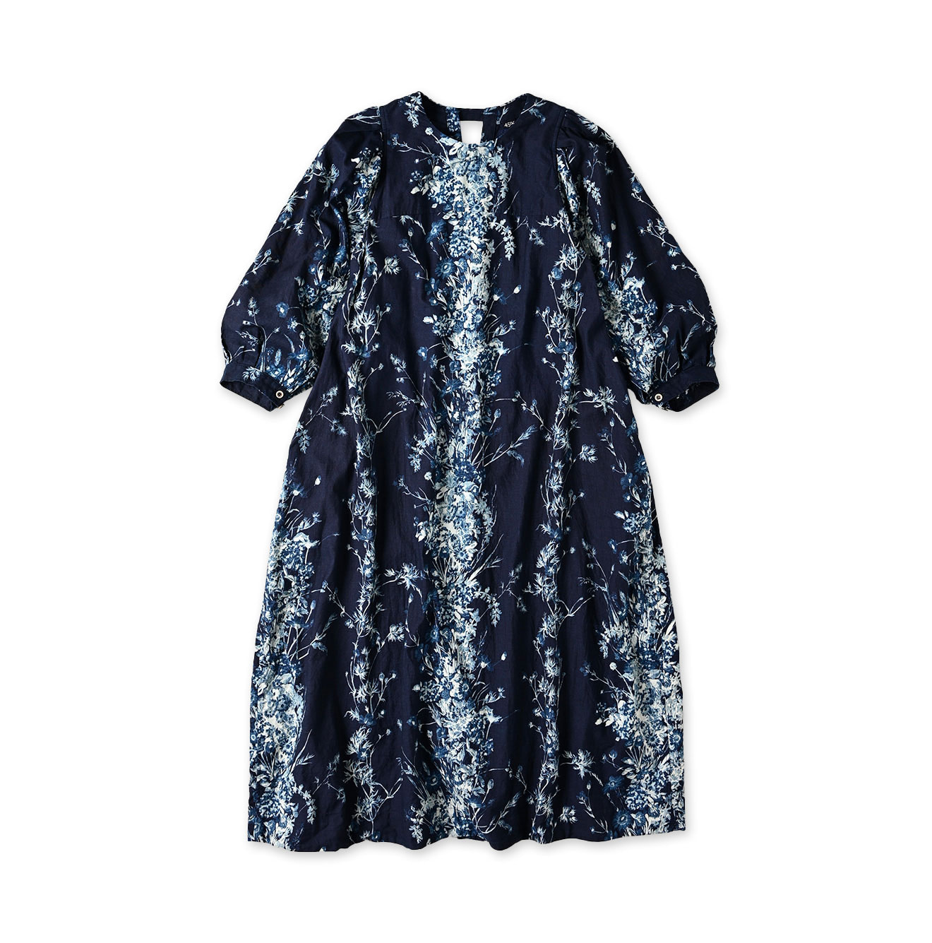 Indigo Indian Khadi Bouquet Stripe Print Puff Bridge Dress