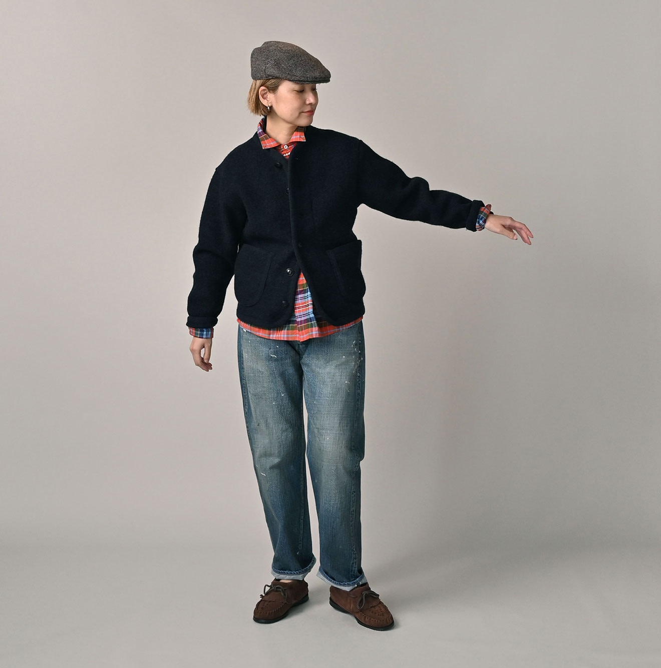 Boiled Wool Knit Tyrolean Cardigan Female Model