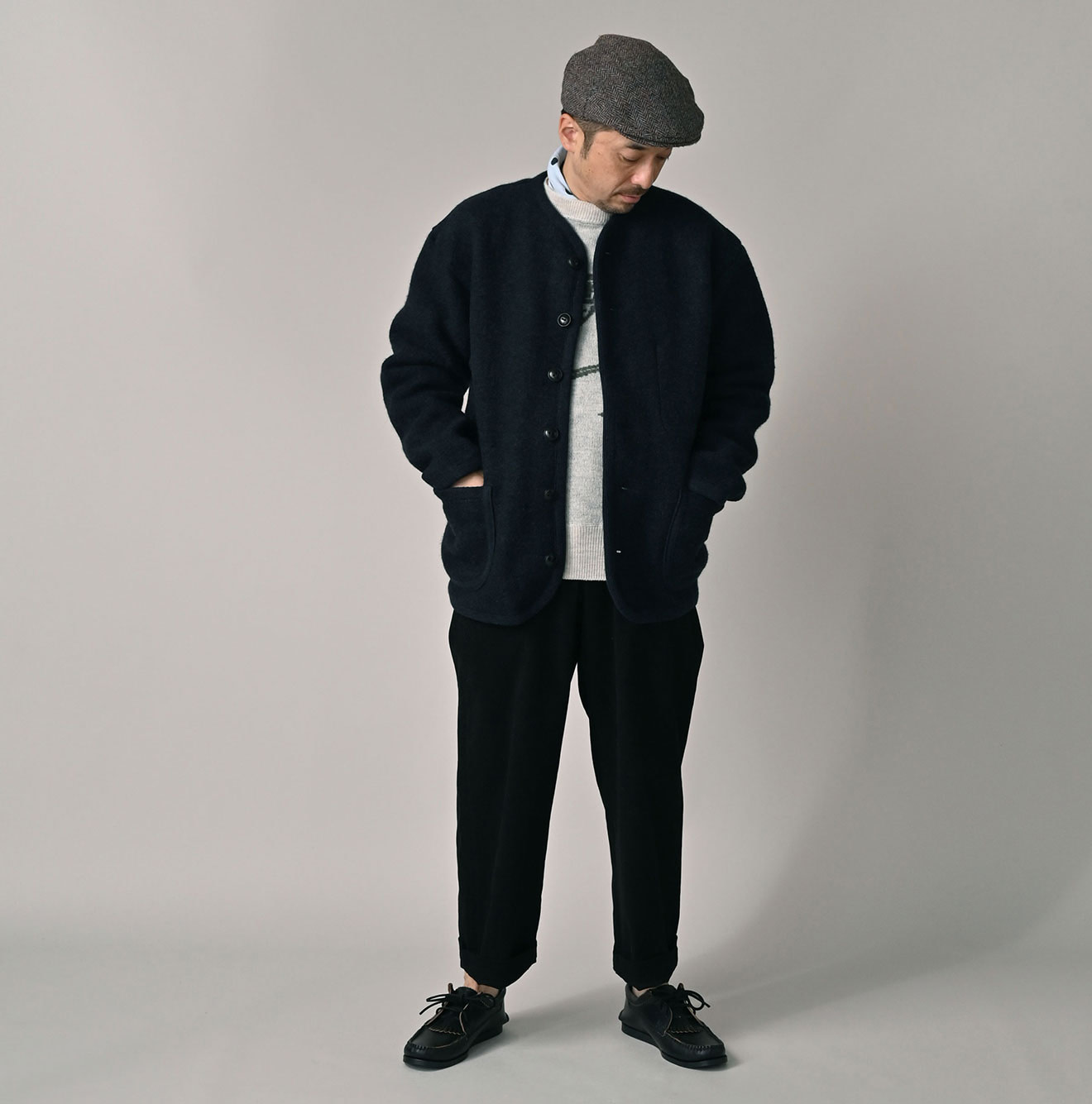 Boiled Wool Knit Tyrolean Cardigan Male Model