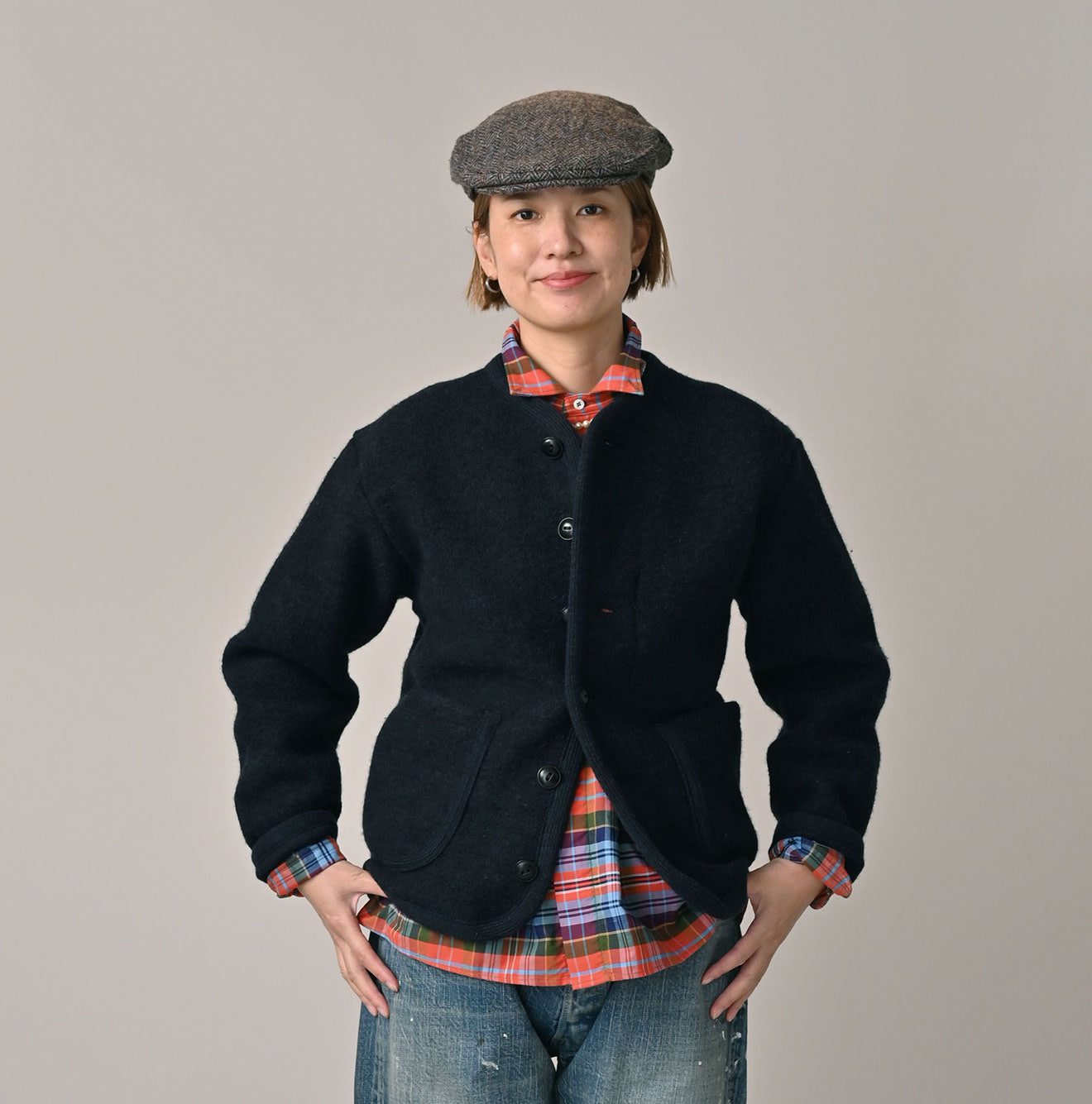 Boiled Wool Knit Tyrolean Cardigan Female Model