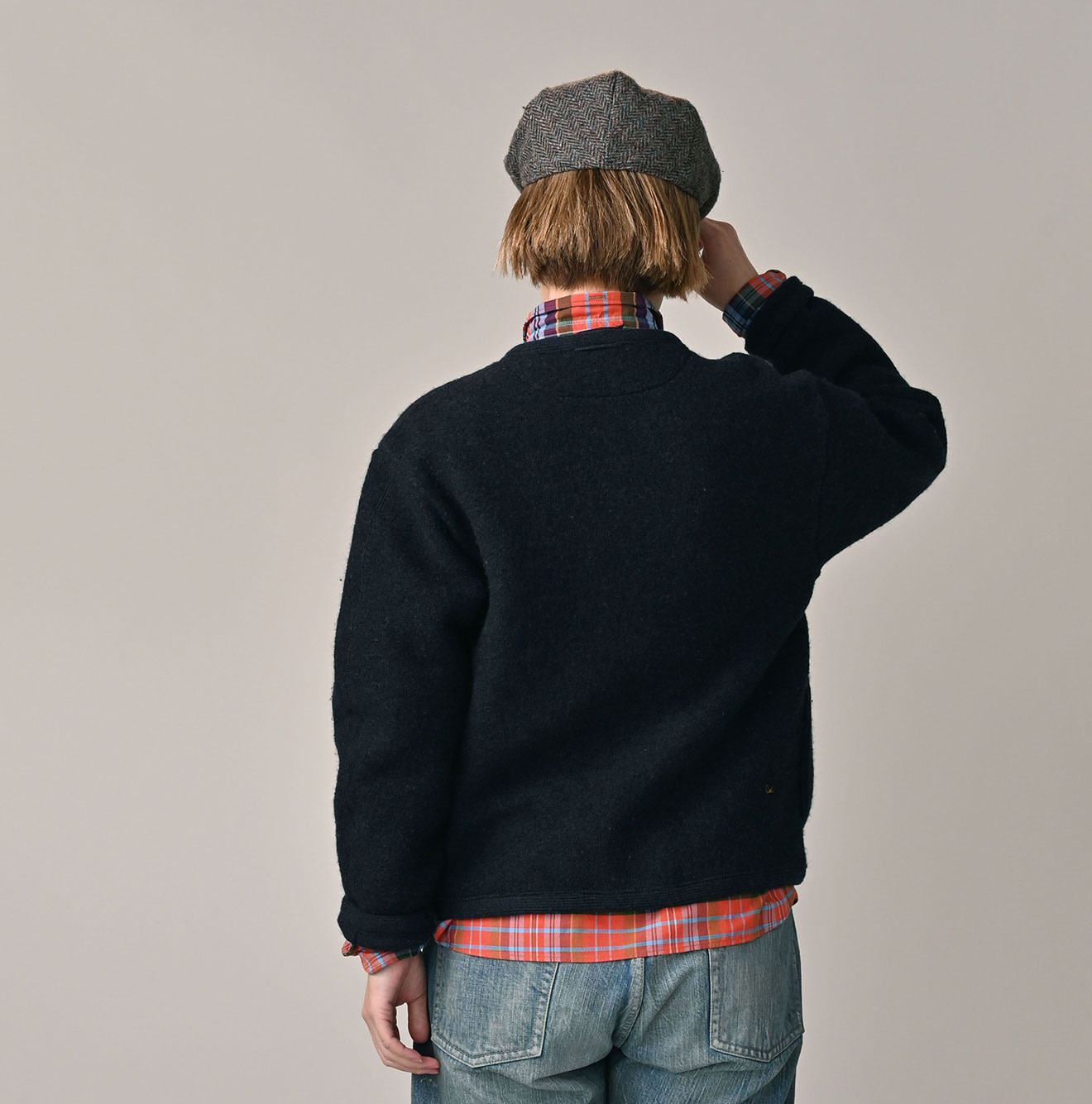 Boiled Wool Knit Tyrolean Cardigan Female Model