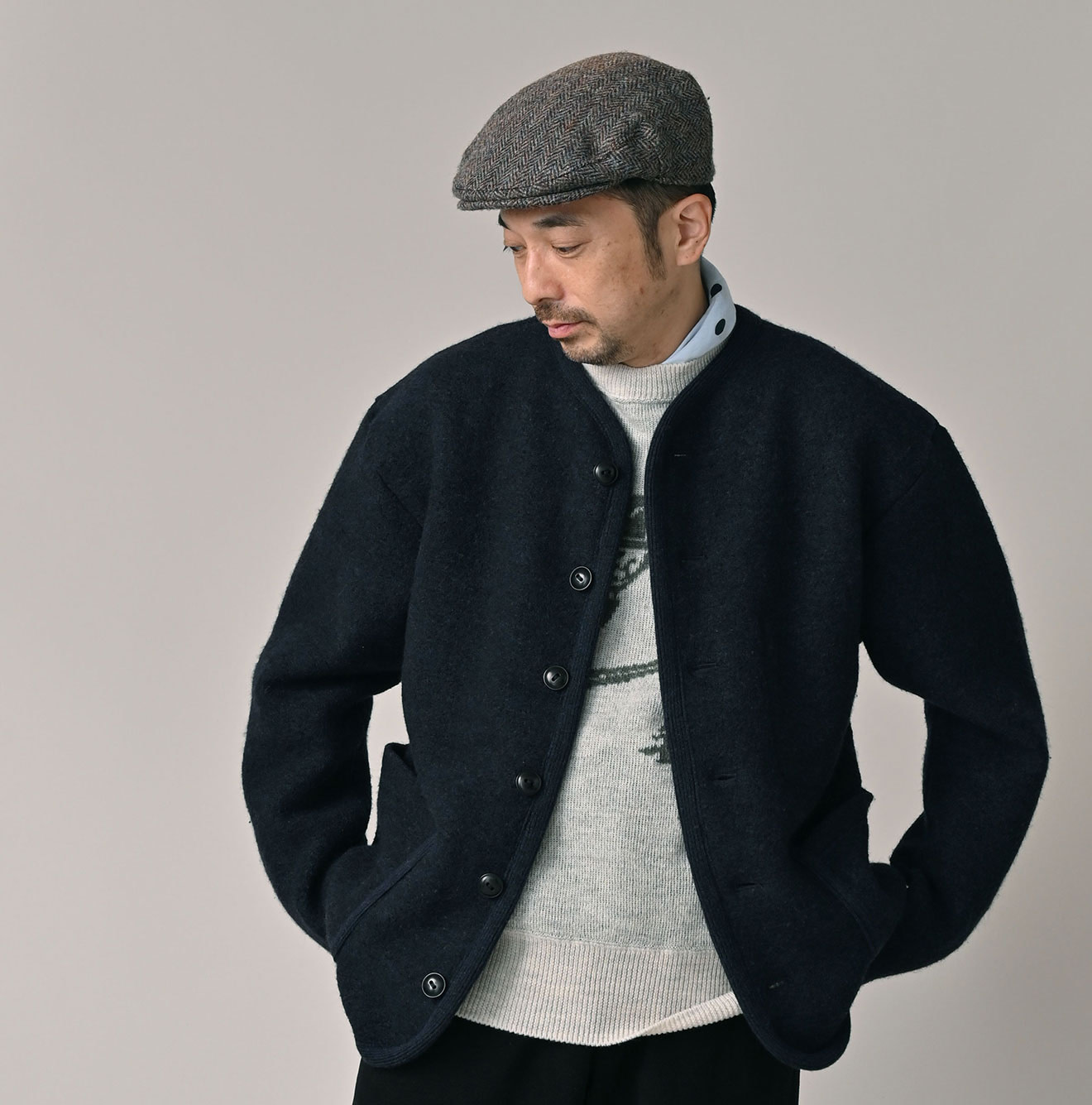 Boiled Wool Knit Tyrolean Cardigan Male Model