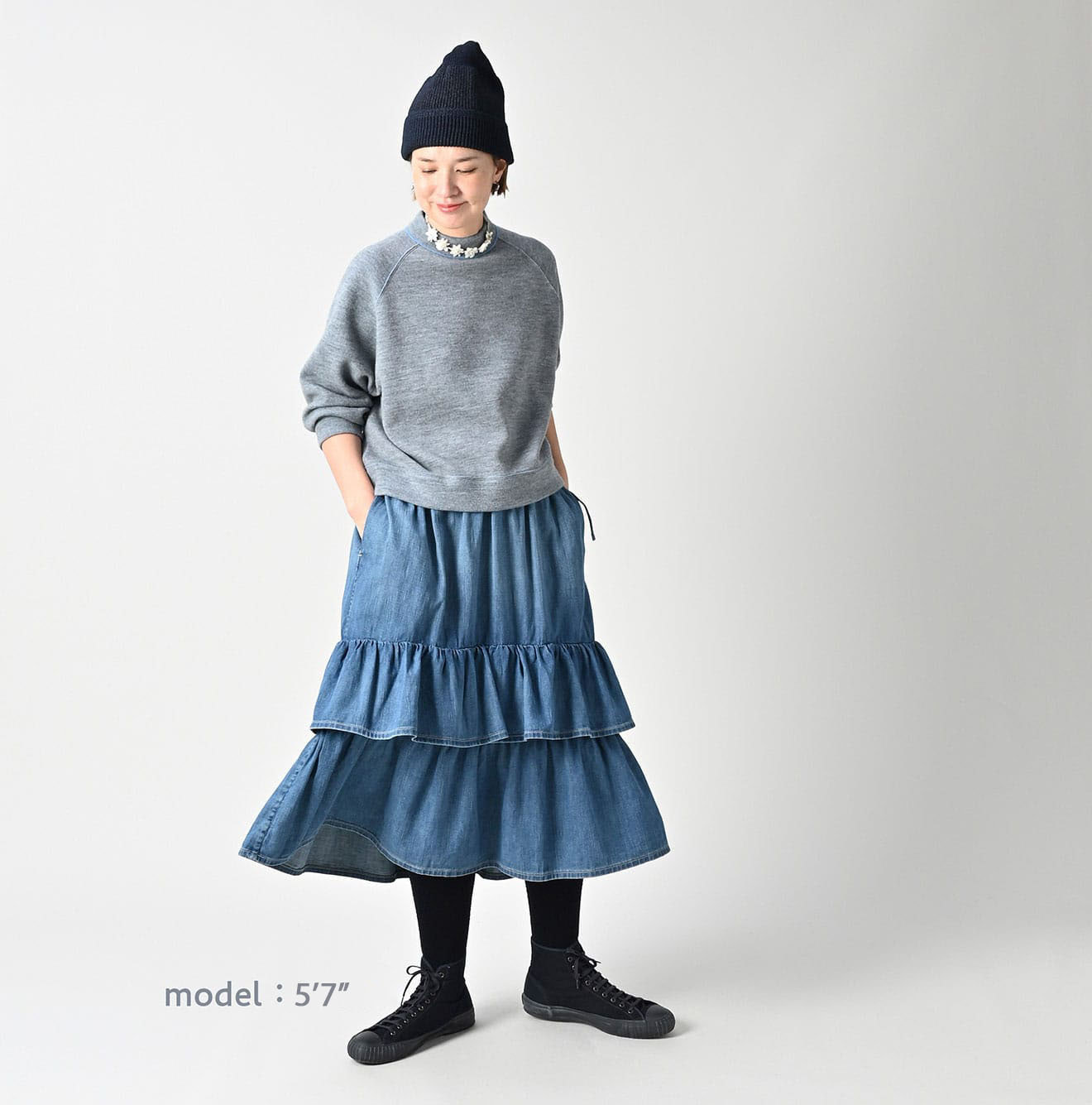 45 Petit Denim Tiered Frill Petit Skirt Distressed Female Model
