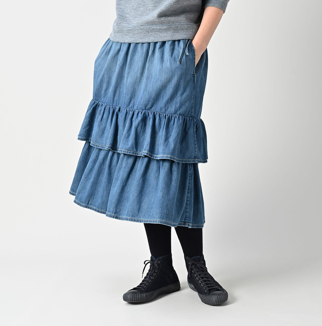 45 Petit Denim Tiered Frill Petit Skirt Distressed Female Model