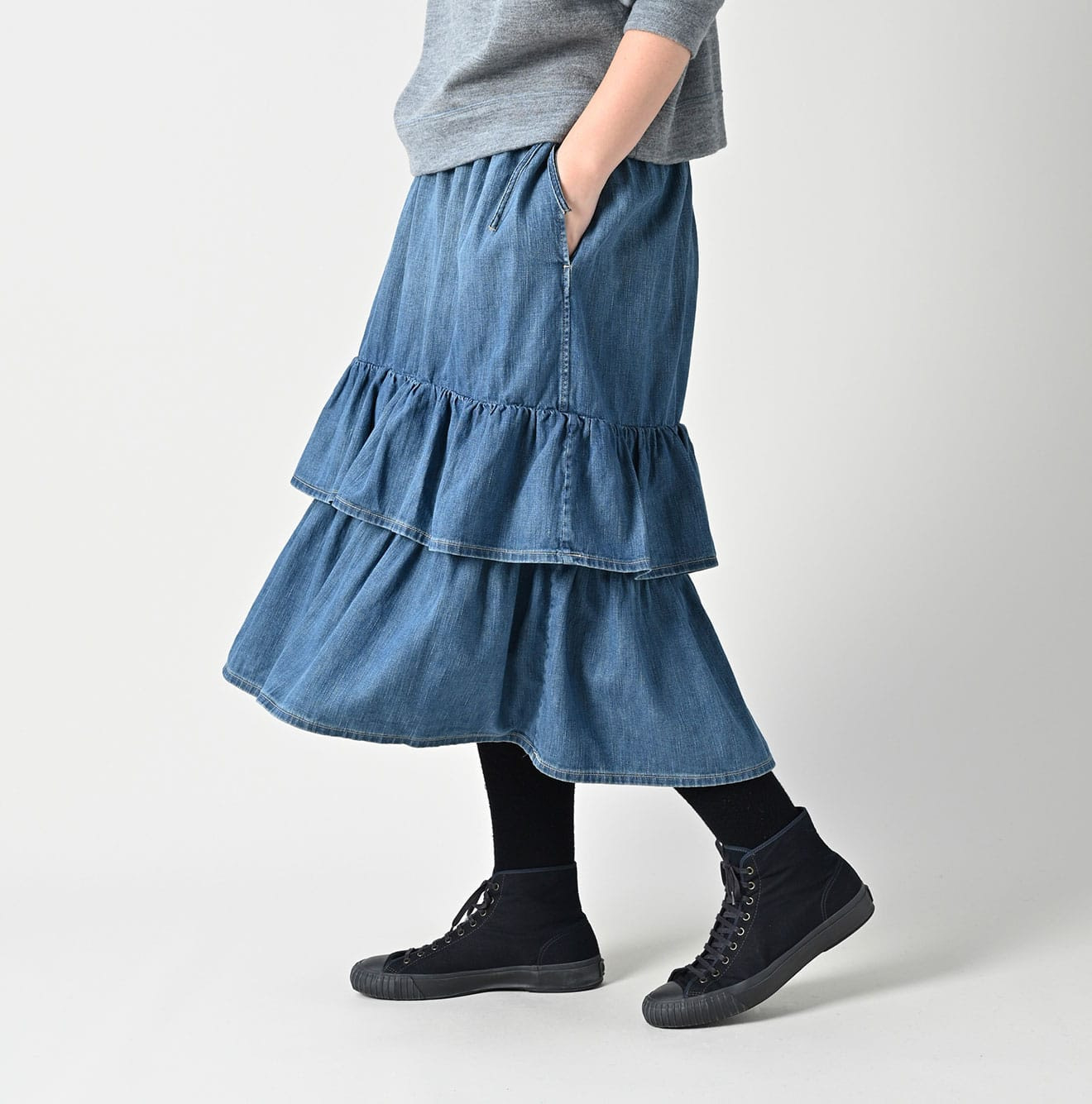 45 Petit Denim Tiered Frill Petit Skirt Distressed Female Model