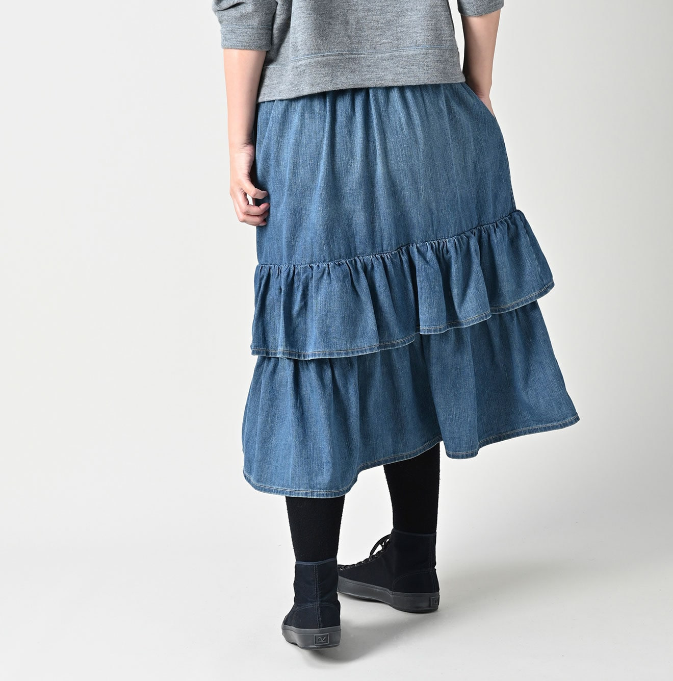 45 Petit Denim Tiered Frill Petit Skirt Distressed Female Model