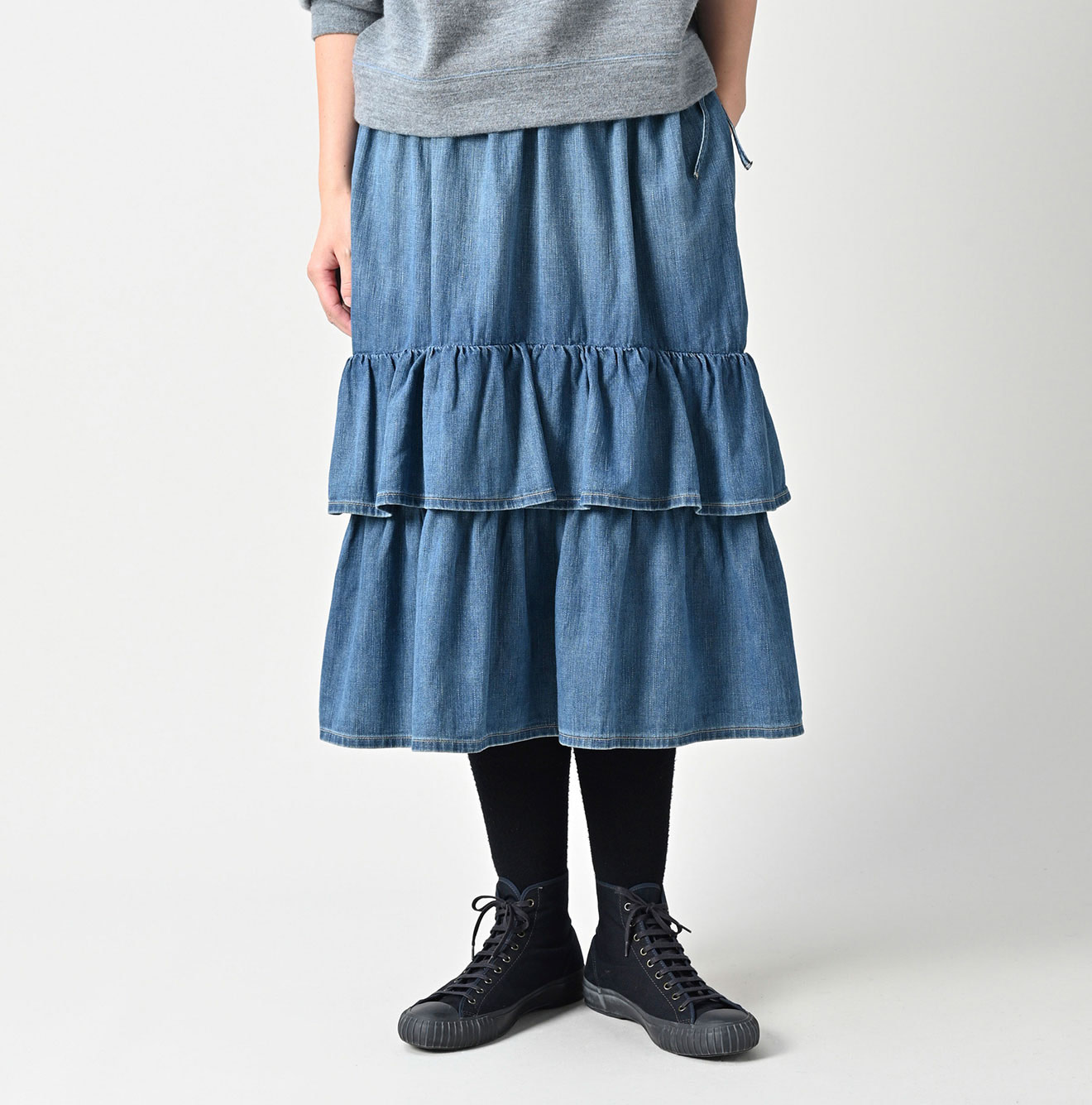 45 Petit Denim Tiered Frill Petit Skirt Distressed Female Model