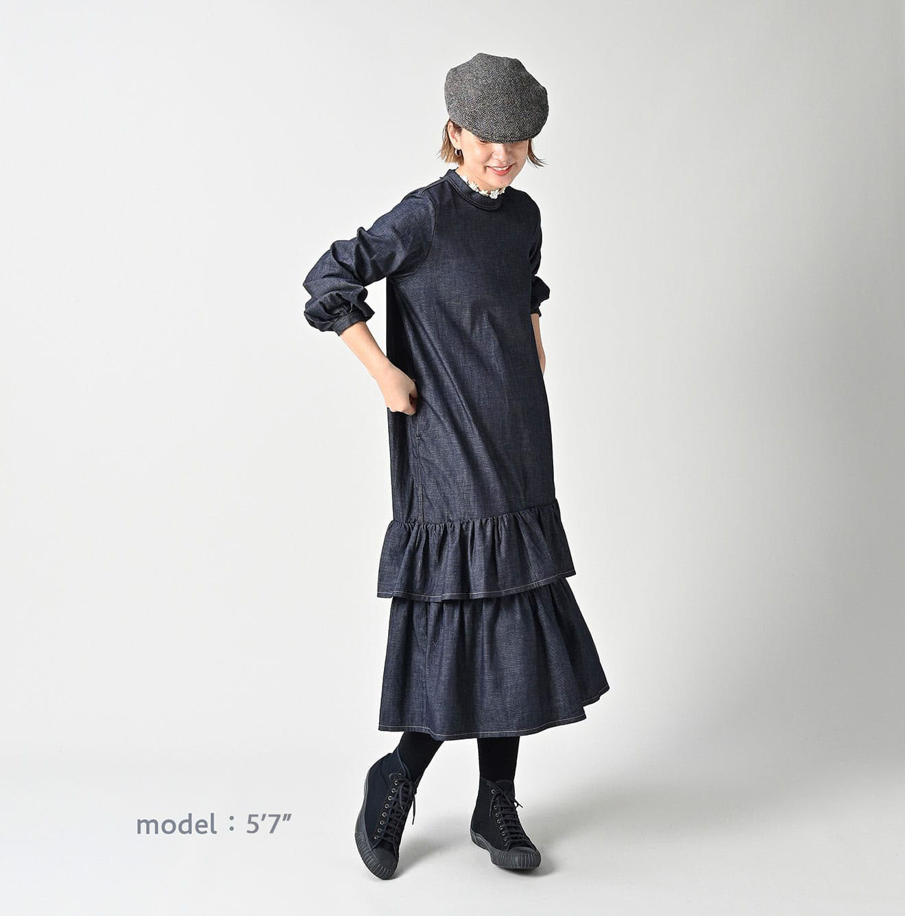 45 Petit Denim Tiered Frill Dress Female Model