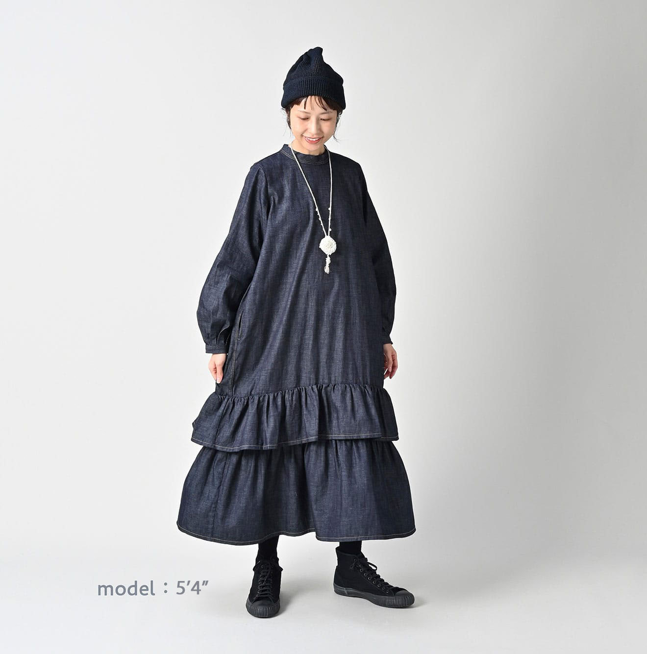 45 Petit Denim Tiered Frill Dress Female Model