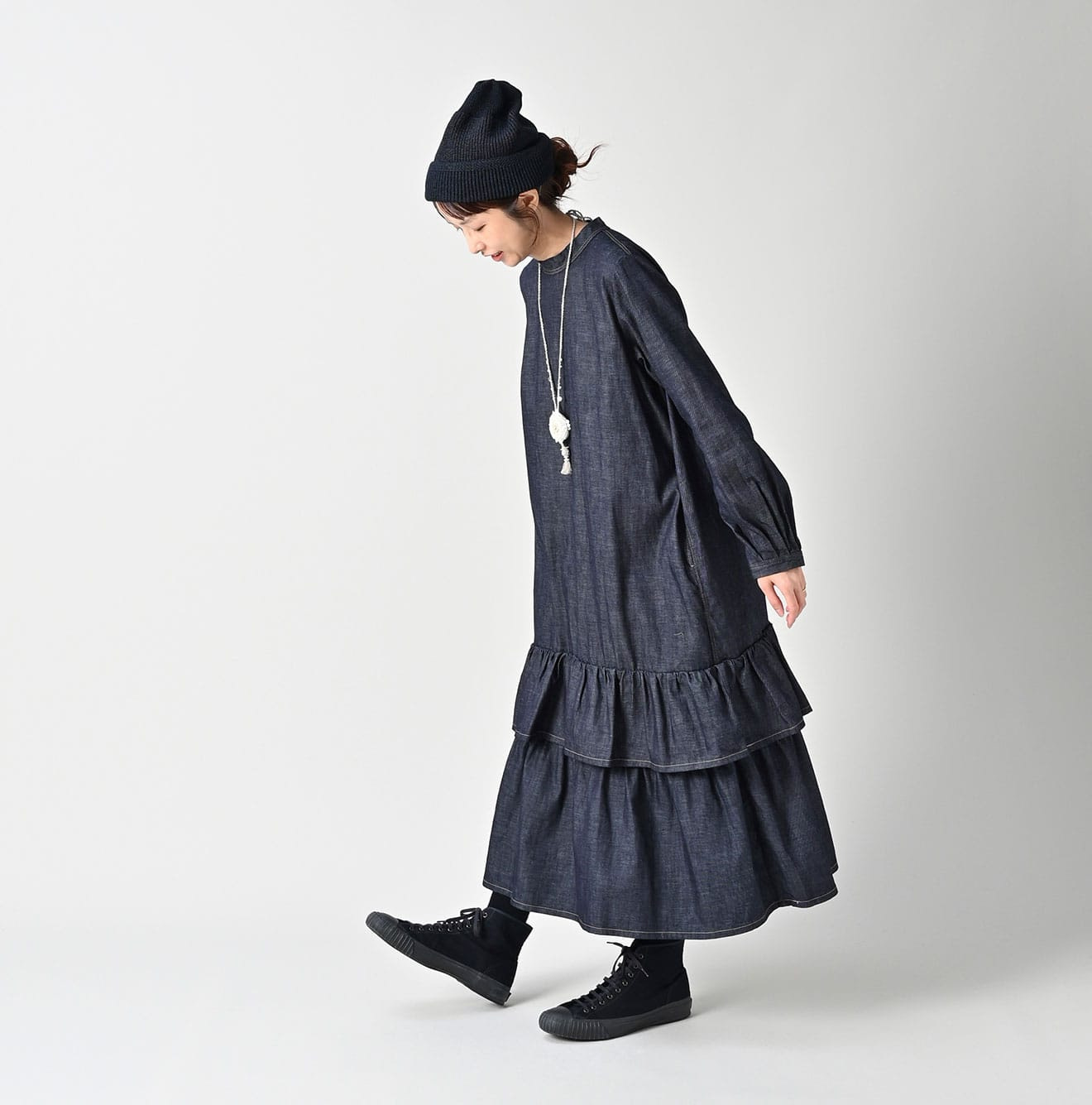 45 Petit Denim Tiered Frill Dress Female Model