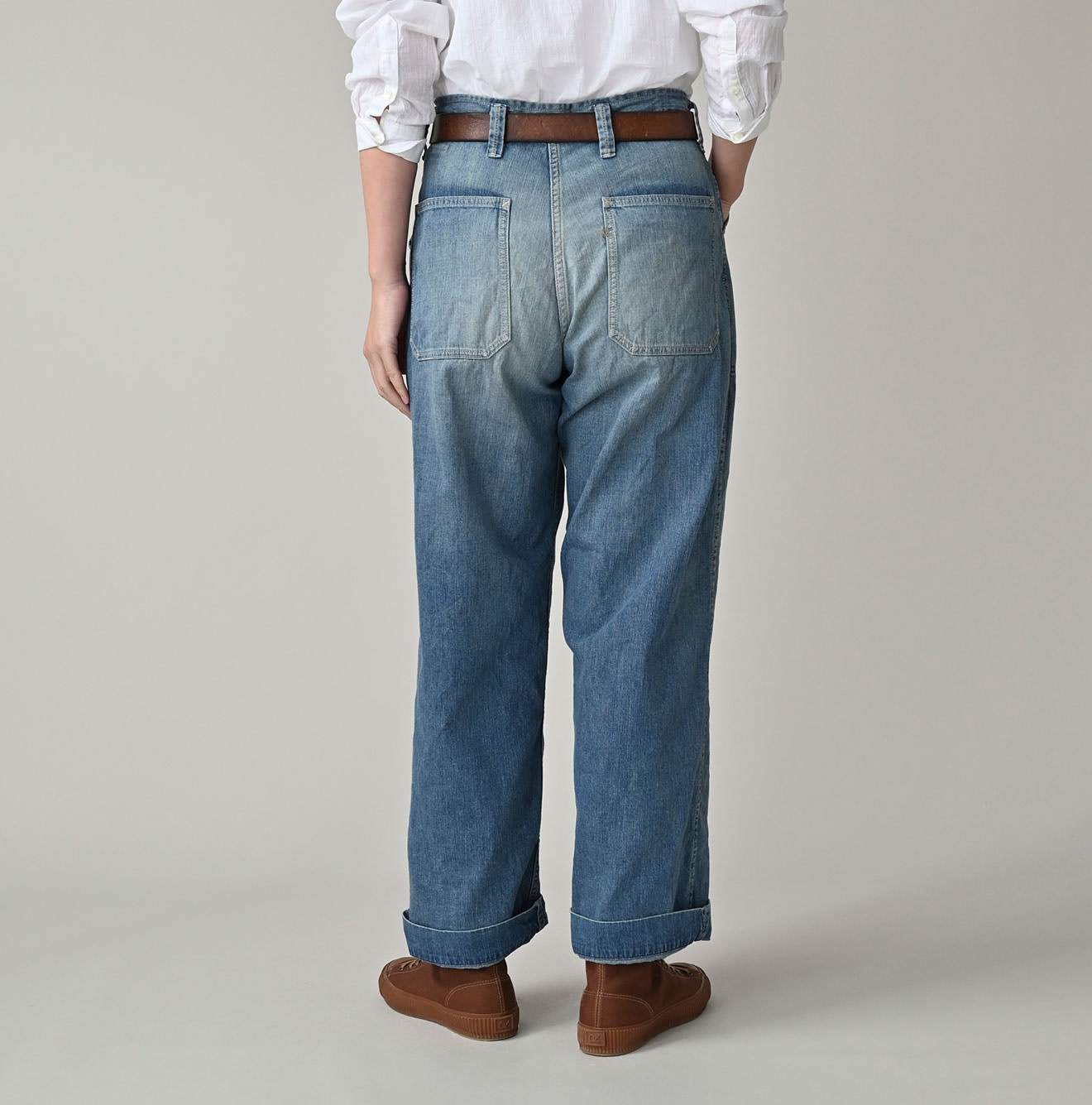 Mugihiko Denim 908 Painter Pants Tan Female Model