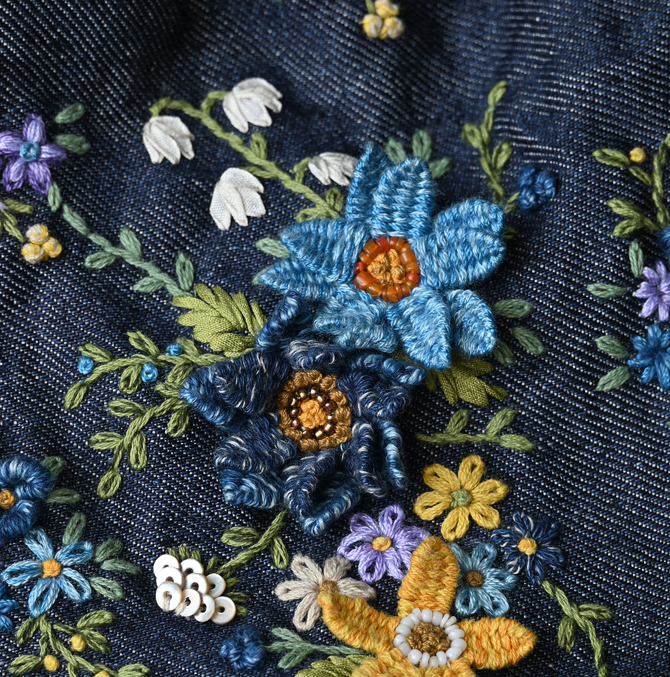 Ai Indigo Linen Layered Embroidery Bolero Detail