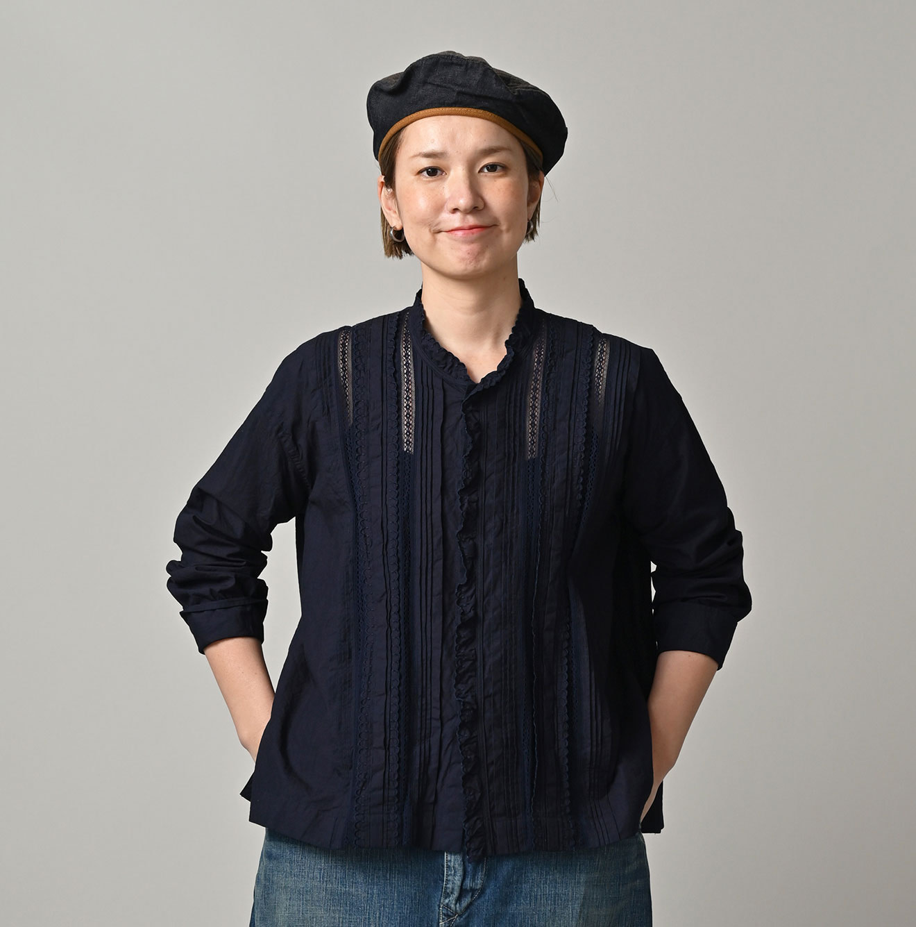 Indigo Supima Batiste Cutwork Blouse Female Model
