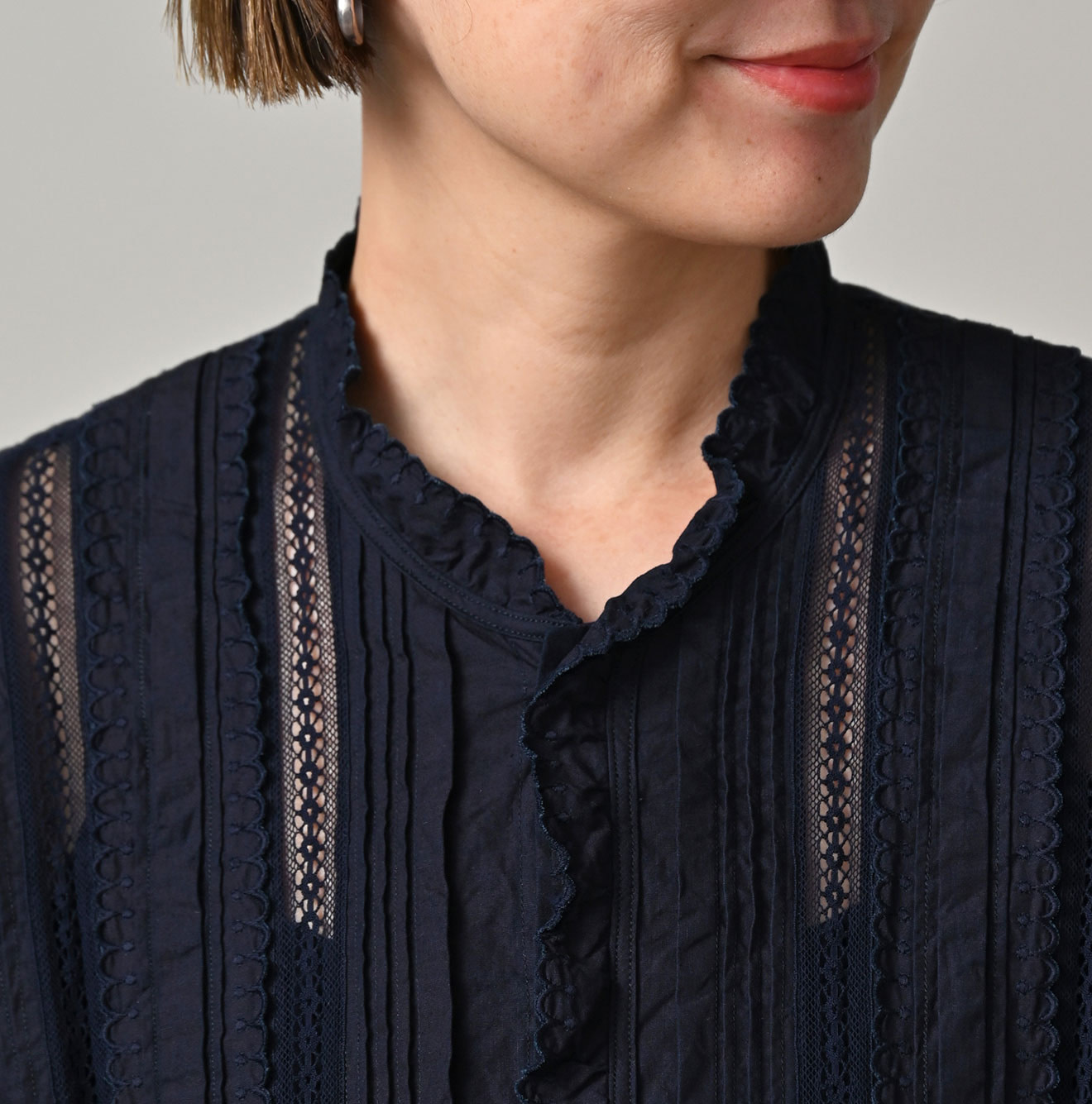 Indigo Supima Batiste Cutwork Blouse Detail