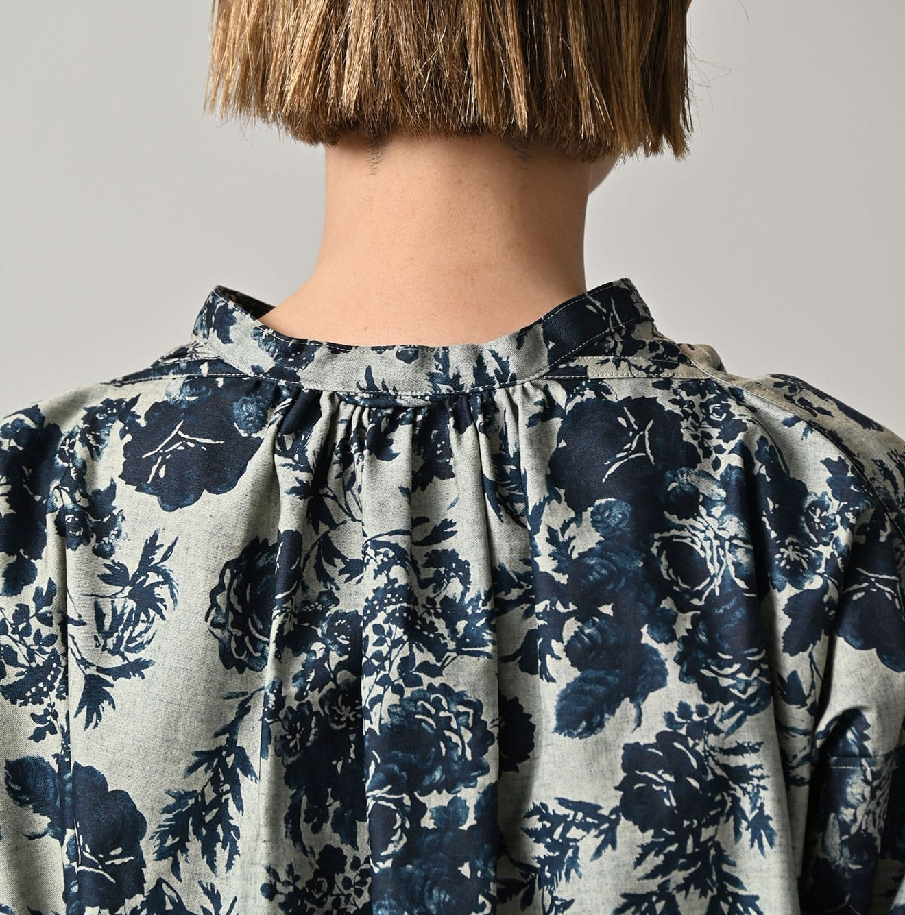 Indigo Discharged Rose Print Smock Detail